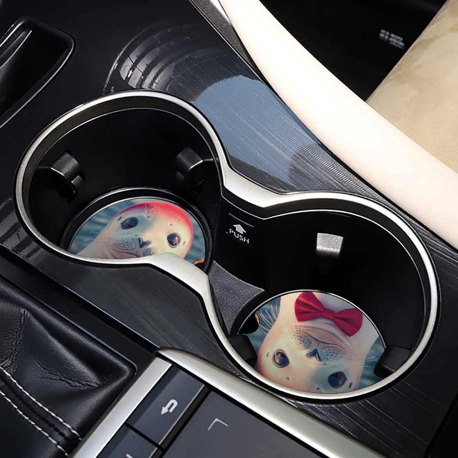 Cute White Seal with Bow Tie Cute Car Coasters 2.56 Inch Absorbent Cup Holder for Drinks Auto Interior Accessories