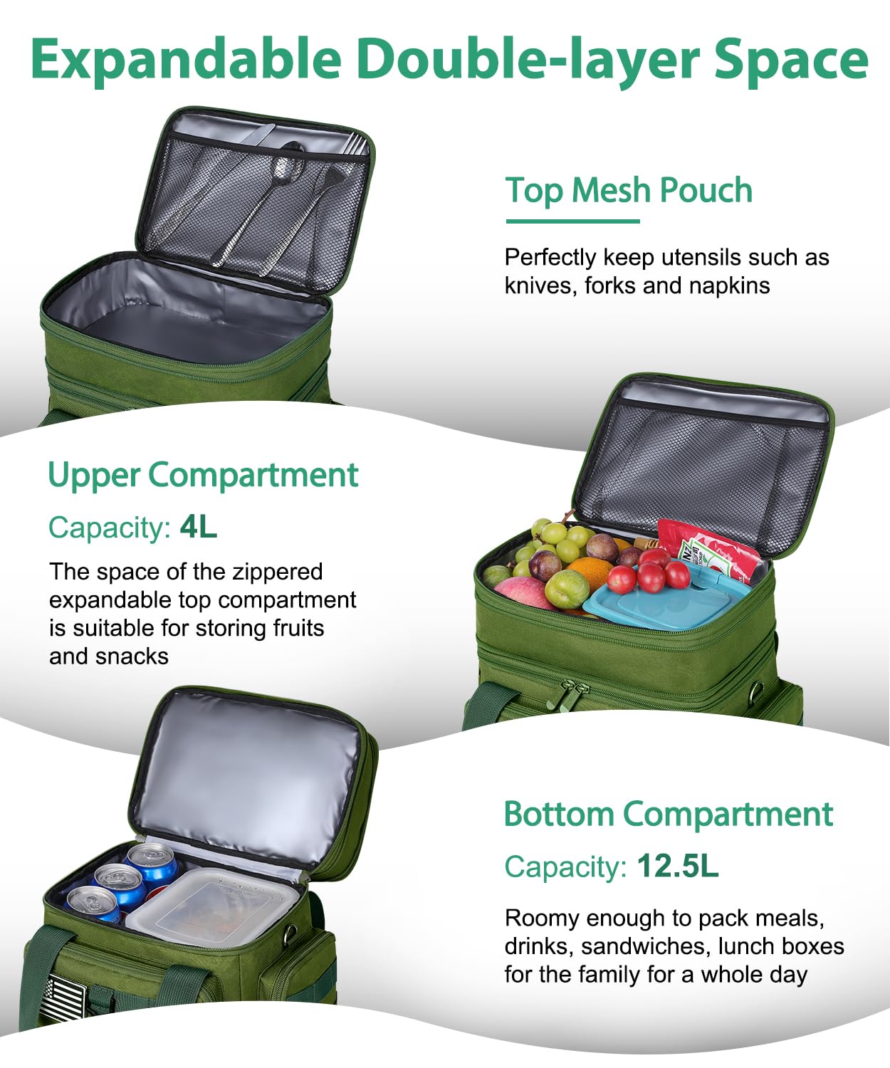 Lonchera táctica para hombres, bolsa de almuerzo grande aislada para adultos, resistente de doble cubierta expandible, con bandera estadounidense, a prueba de fugas, suave para el trabajo, oficina 3