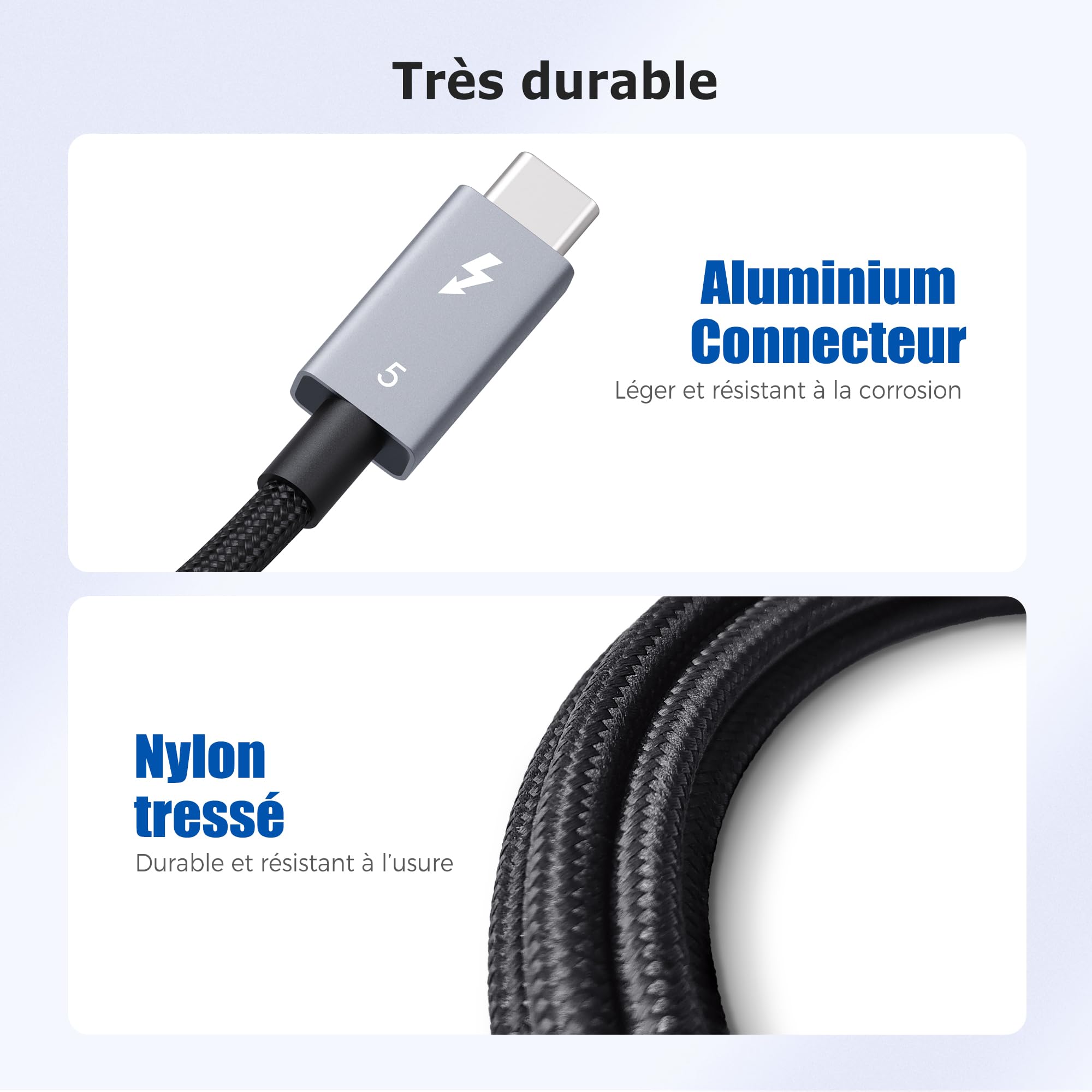 Cable Matters [Certifié Intel] Câble tressé Thunderbolt 5 80Gbps avec jusqu'à 120Gbps de bande passante et 240W de charge en noir - 1m, compatible avec Thunderbolt 4/3, USB4, et USB-C