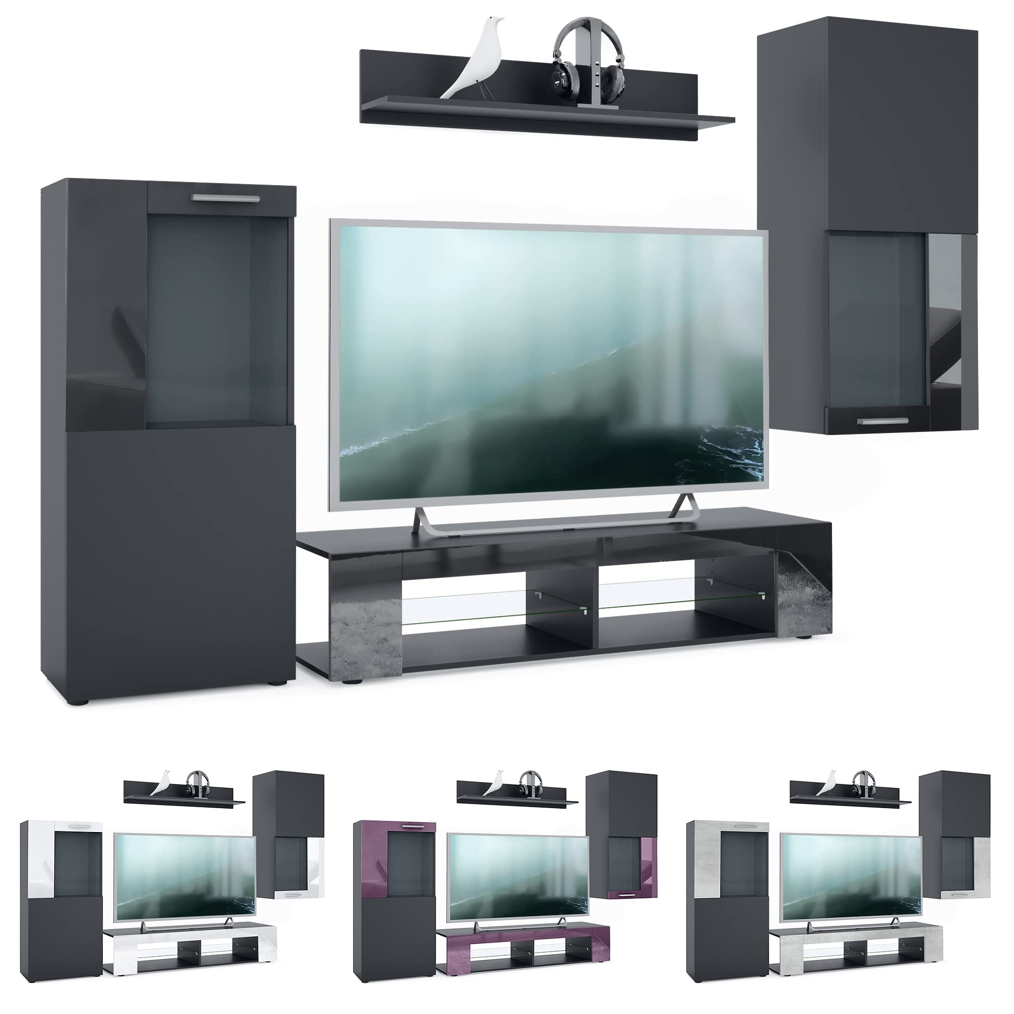 Vladon Wohnwand Movie, Anbauwand bestehend aus 1 TV-Board, 2 Vitrinen und 1 Regal, Schwarz matt/Schwarz matt/Avola-Anthrazit, inkl. LED-Beleuchtung weiß (Gesamt: 300 x 190 x 39 cm)