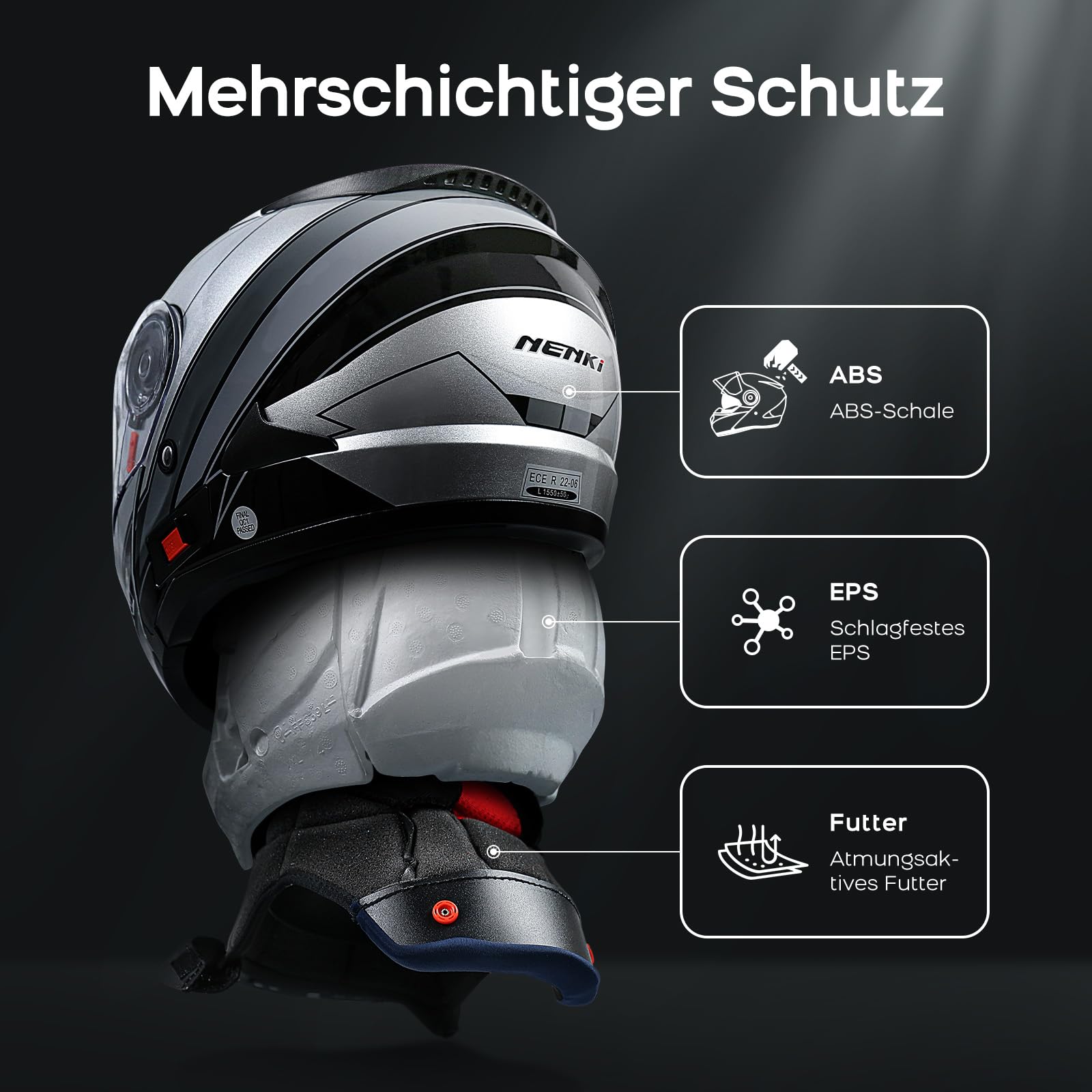 Klapphelm Integralhelm Motorradhelm mit Sonnenblende und Visier, ABS-Schale, ECE 22.06, M-XXL