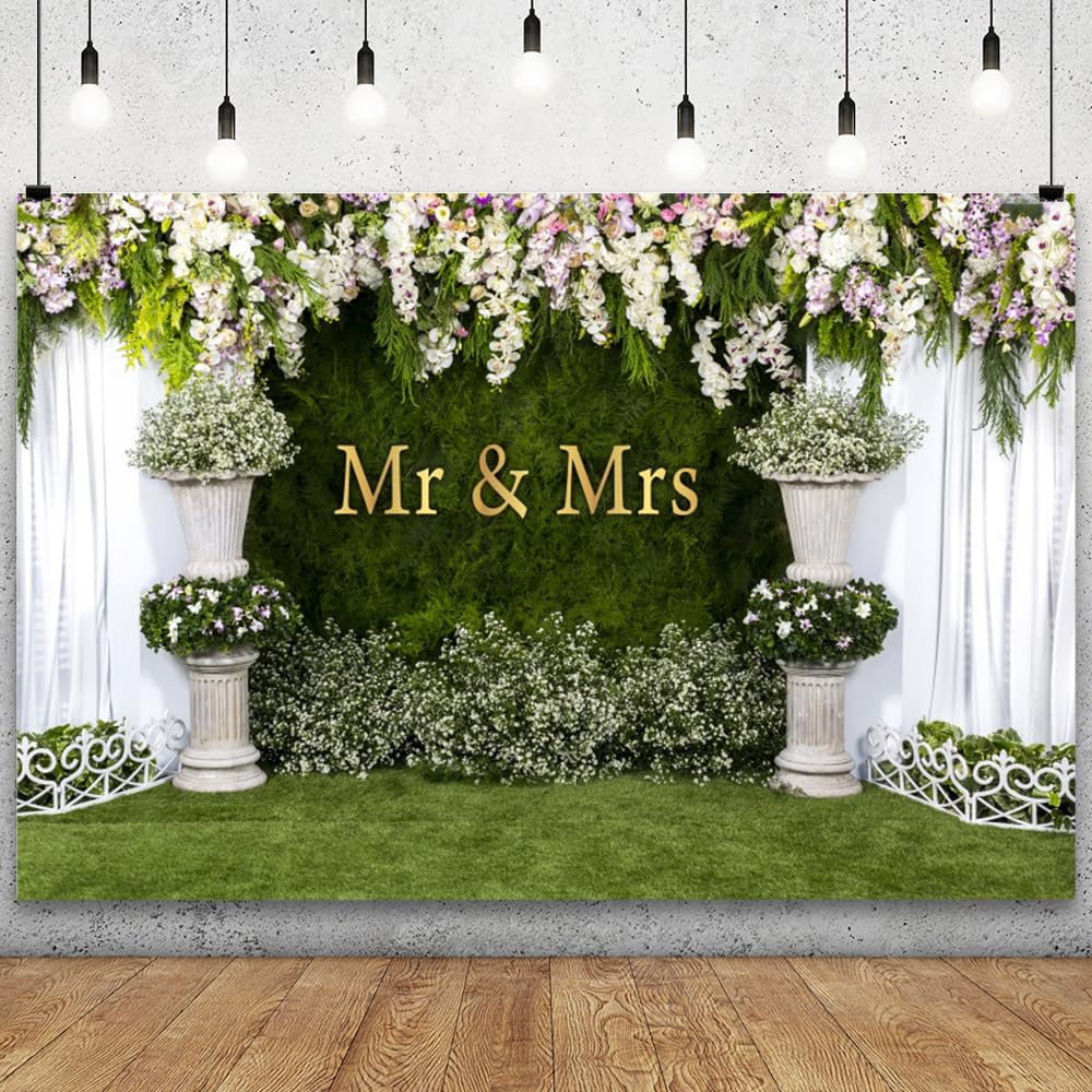 Mr and Mrs Hochzeitsparty-Hintergrund, 6 x 3 m, Blumengras, Wand, weiß, durchscheinender Vorhang, Blumenbogen, Fotografie, Hintergrund, Liebhaber, Heiratsantrag, Brautparty, Empfang, Jahrestag,