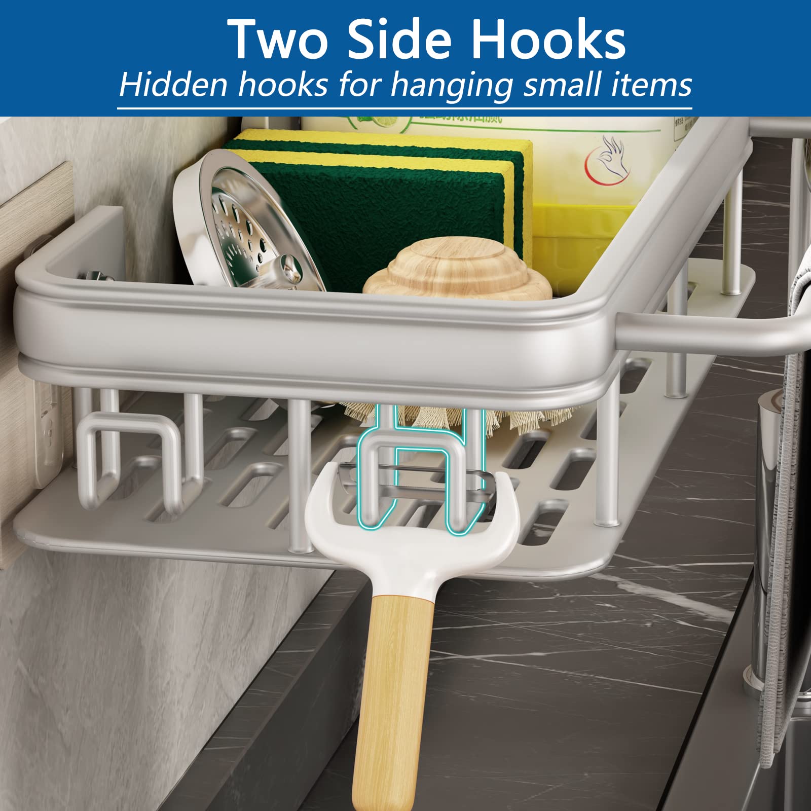 Spülbecken Organizer,Haken Waschbecken Organizer Wand Hängend Ohne Bohren Selbstklebend Badezimmer Spüle Organizer für Küchenzubehör Schwamm/Bürste/Spülseife (Silber(kein Tablett))