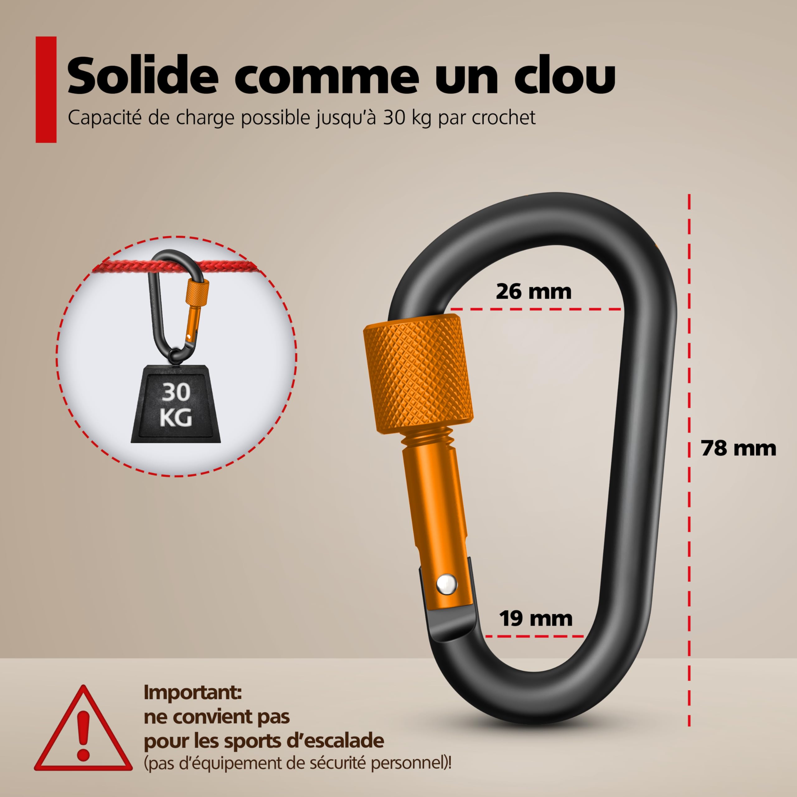 RAVN HAMAN 10 x Mousquetons de sécurité - Coloris - - Mousqueton à vis jusqu'à 30 kg - - Mousquetons pour l'intérieur et l'extérieur - - Crochets pour hamacs, Sacs de Frappe, Porte-clés, etc.