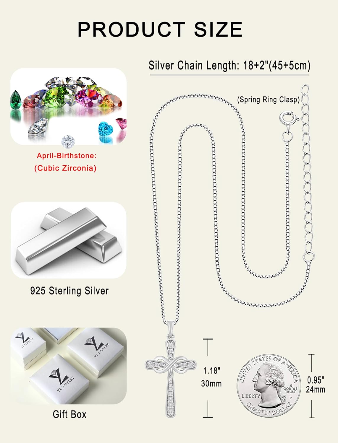 YL 925 Sterling Silver Cross Pendant Necklace for Women Halo Infinity Cubic Zirconia Dangle Earrings Jewelry Set