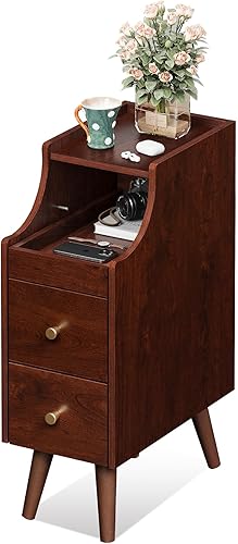 Miniatura 9 de WLIVE Mesita de noche pequeña con cajones, mesitas de noche estrechas con estante abierto y orificio para cable, mesita de noche estrecha para