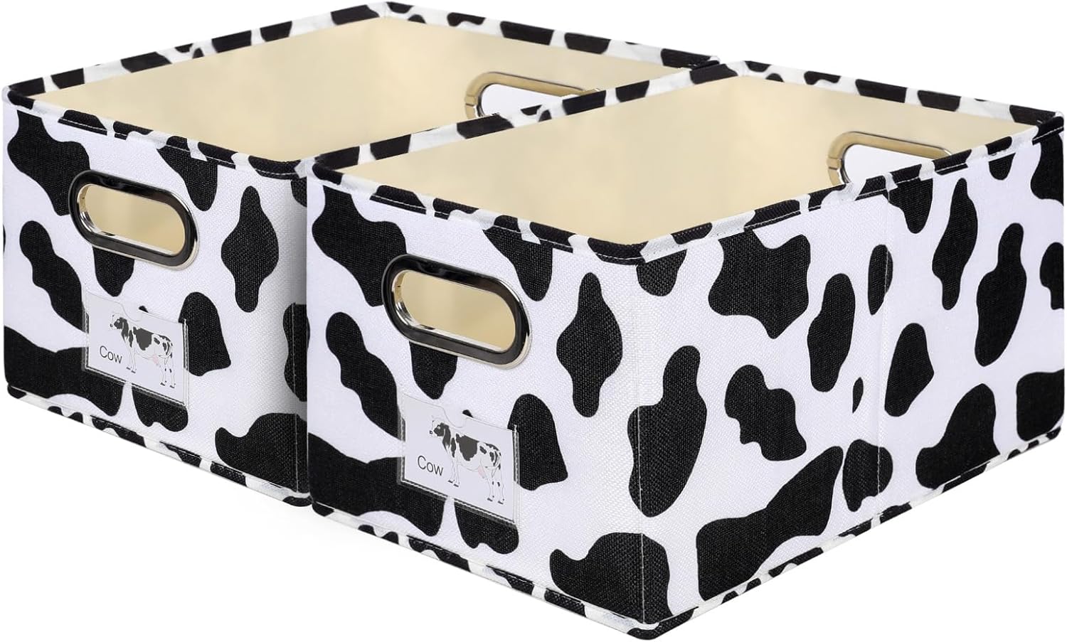 ANMINY 2PCS Fabric Storage Bin Cow Print Cotton Linen Foldable Open Storage Basket Box with Handles PP Plastic Board Label Window Pocket Decorative Washable Closet Shelf Organizer Container - Large