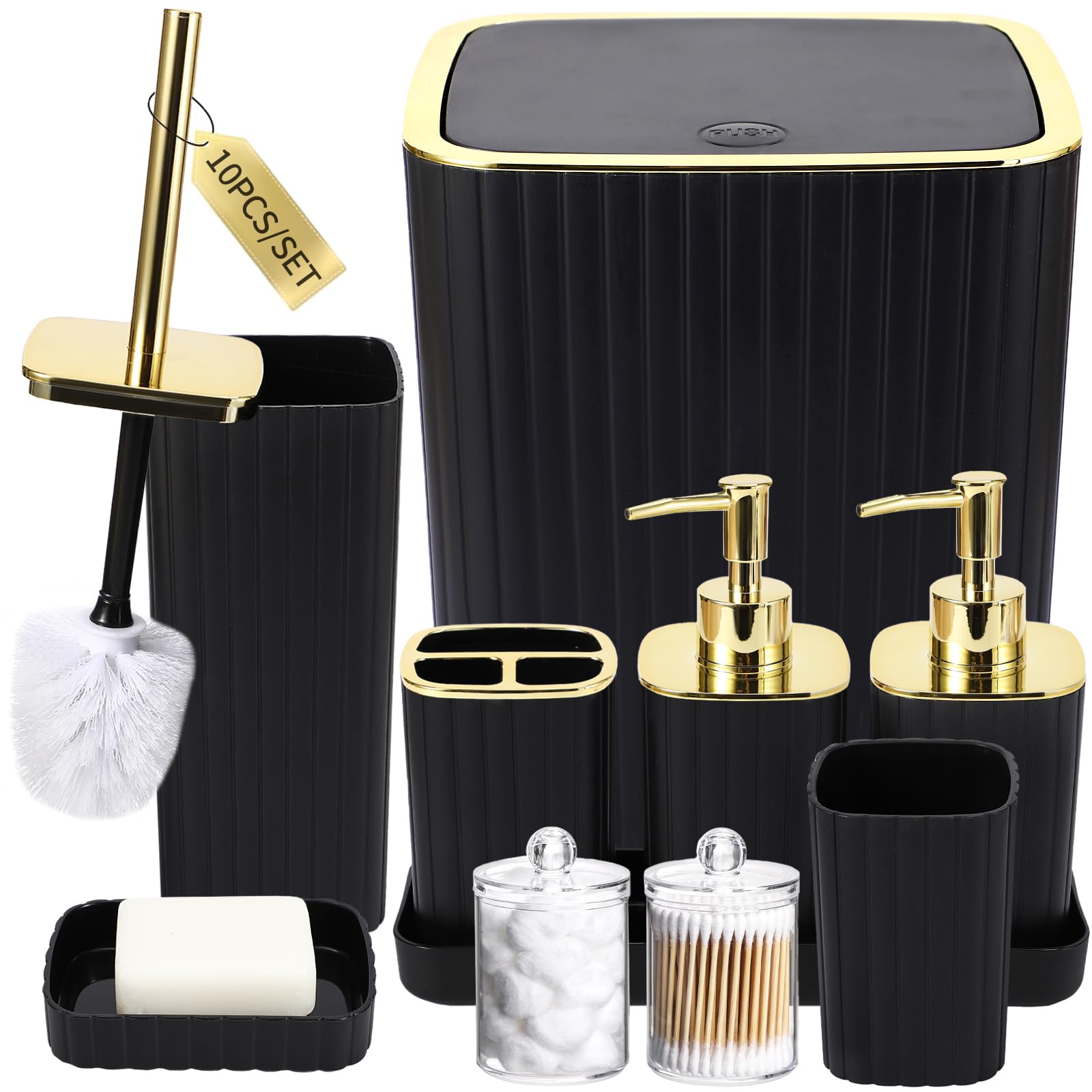 XLHOMO Bathroom Accessories Set - Gorgeous Black Bathroom Set, 10PC Bathroom Accessory Set, Toilet Brush, Trash Can, Qtip Holder & Soap Dispenser