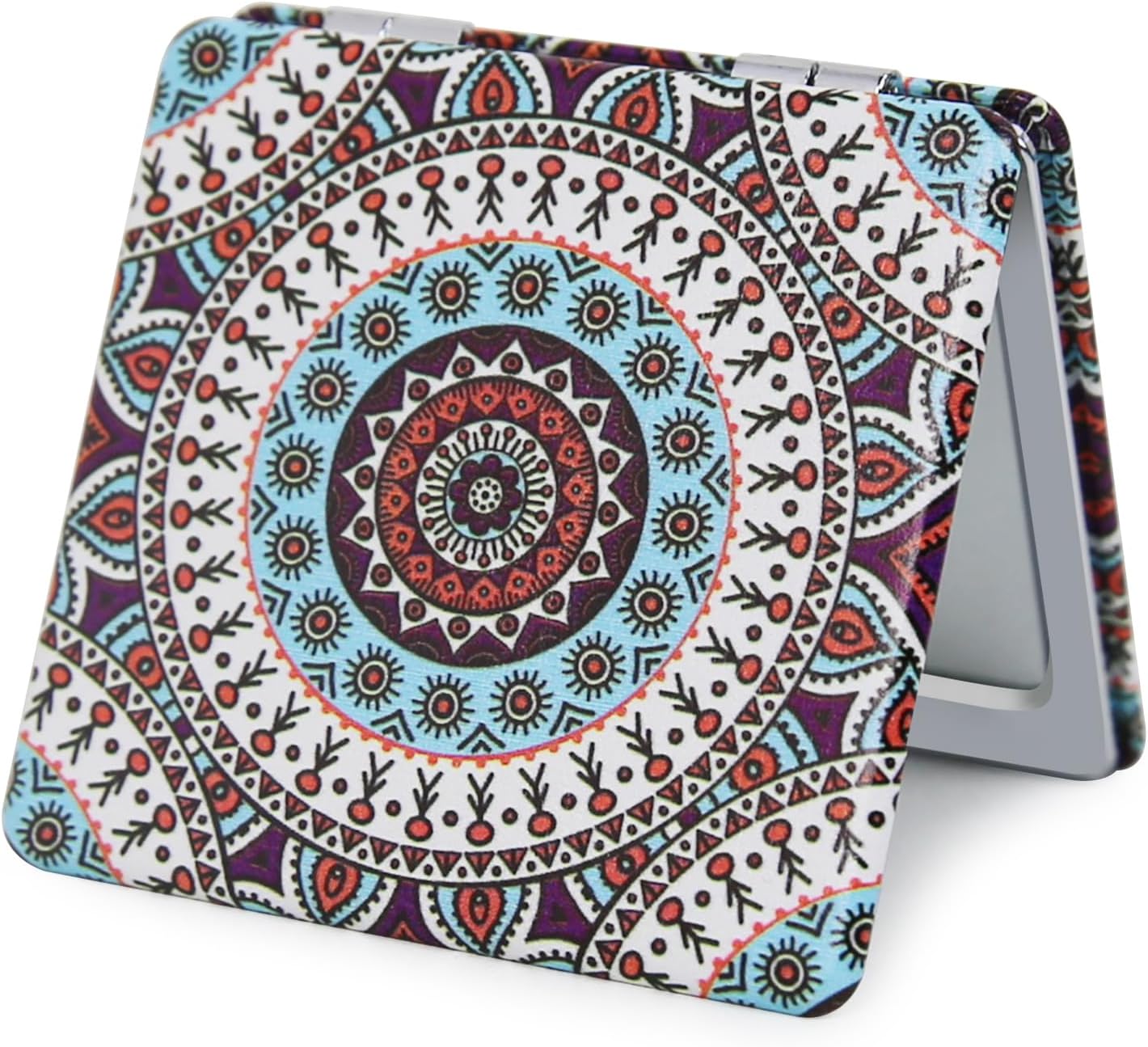 Pocket Mirror for Women, Square 2.8” Metal Frame PU Ethnic Style Double Sided Mini Magnifying 1X/3X Mirror for Purse Compact Travel Mirror (Ethnic02)