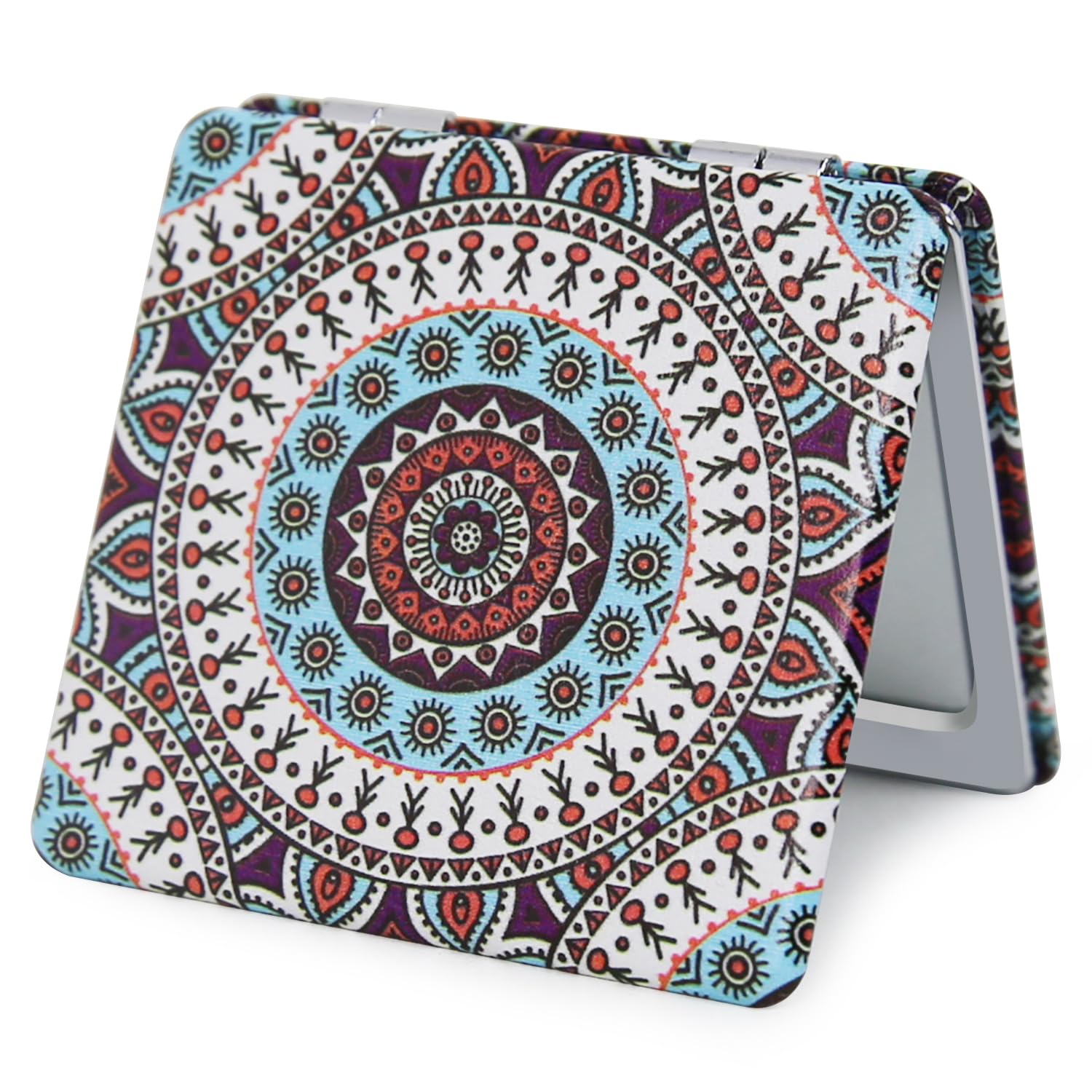 Pocket Mirror for Women, Square 2.8” Metal Frame PU Ethnic Style Double Sided Mini Magnifying 1X/3X Mirror for Purse Compact Travel Mirror (Ethnic02)