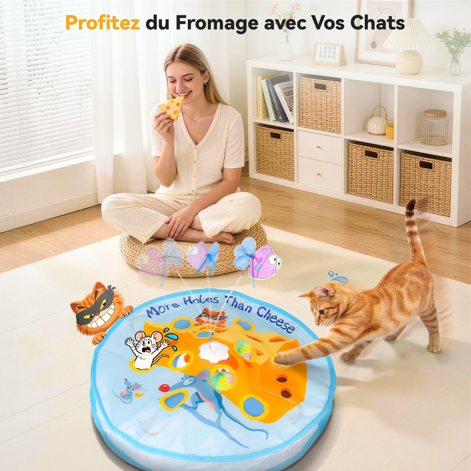 GoldenSun Jouet pour chat interactif 5 en 1 pour chats d'appartement, jeu de tapotement automatique, poisson volant, canne à pêche pour chat et plume mobile