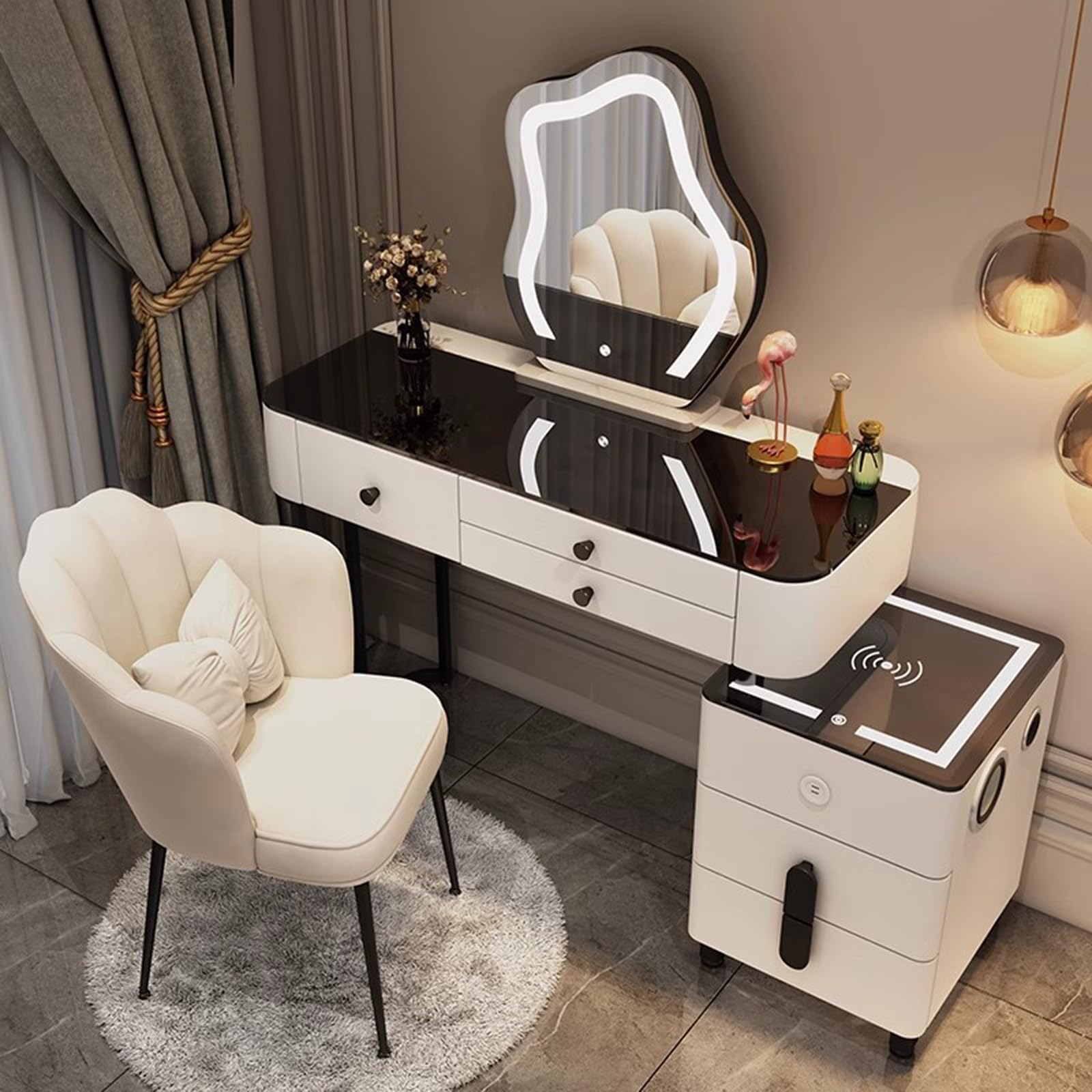 JIANRUI 100cm White LED Lights Mirror Dressing Table - Vanity Makeup Table Set with Adjustable Brightness Mirror, Cushioned Stool, Home Bedroom Vanity Cosmetic Furniture for Girls Women