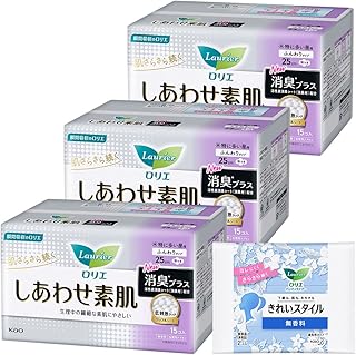 ロリエ しあわせ素肌 消臭プラス 特に多い昼用 25cm 羽つき 15個入× 3セット(45コ)+おまけ付き 【Amazon.co.jp限定】