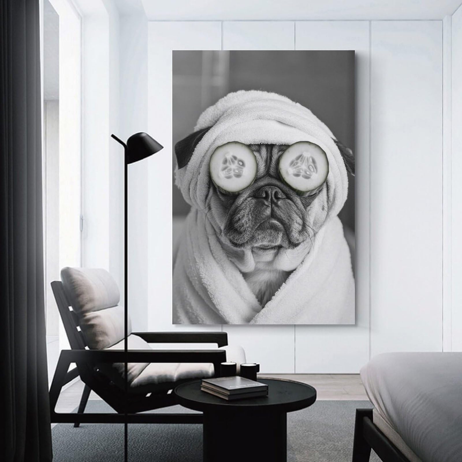 Junmoney Unframe-Style-17 Pug In A Towel With Cucumber Slices Funny Bathroom Poster Home Decor Wall Art 24X36inch(60X90cm), For Bedroom, Guest Room Or Reading Nook, Decorative Wall Art For Cosy Rooms