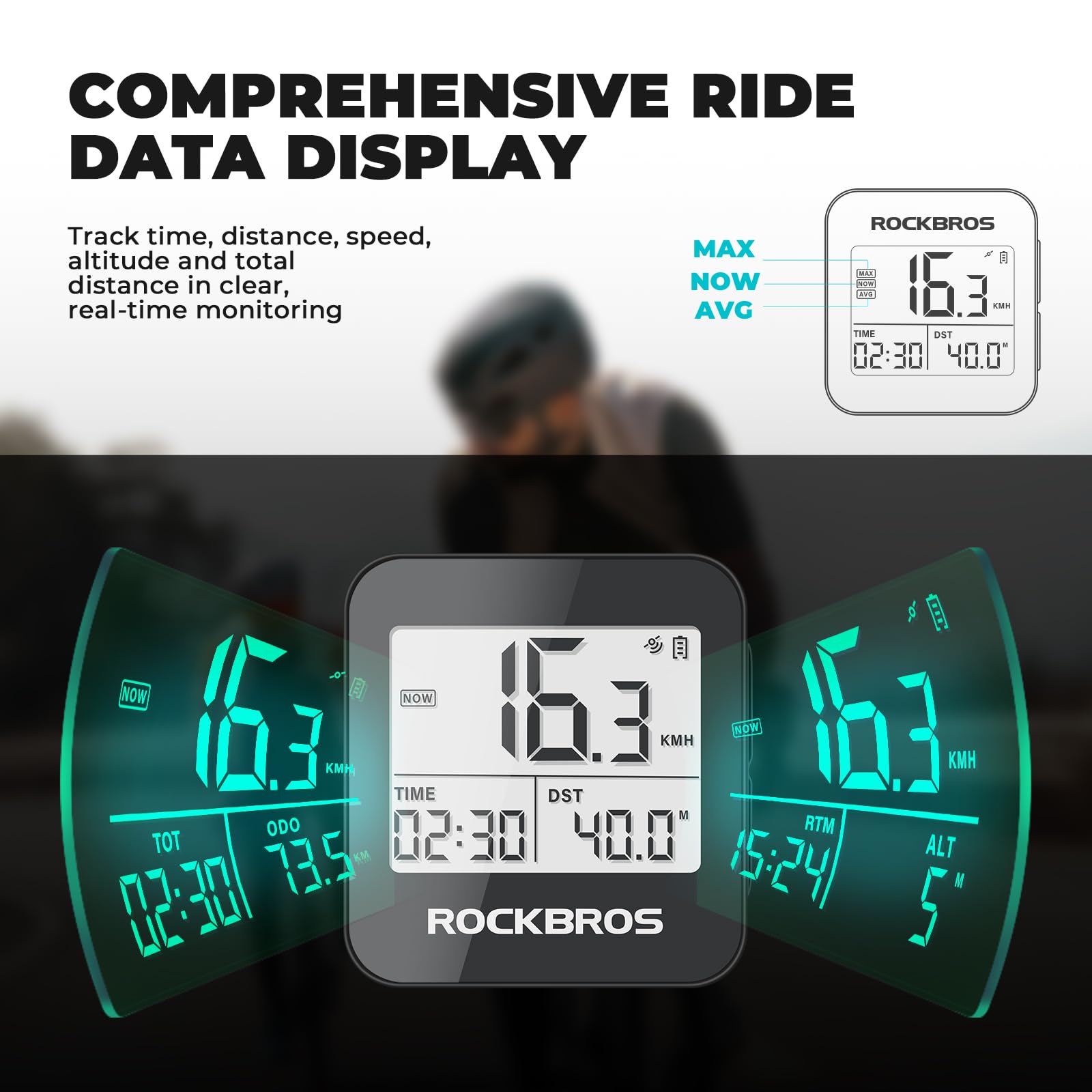ROCKBROS GPS Bezprzewodowy, wodoodporny IPX6 Prędkościomierz rowerowy, 2-calowy wyświetlacz FSTN z podświetleniem 35H Akumulator Wielosystemowe pozycjonowanie z GPS, Galileo, GLONASS, BDS