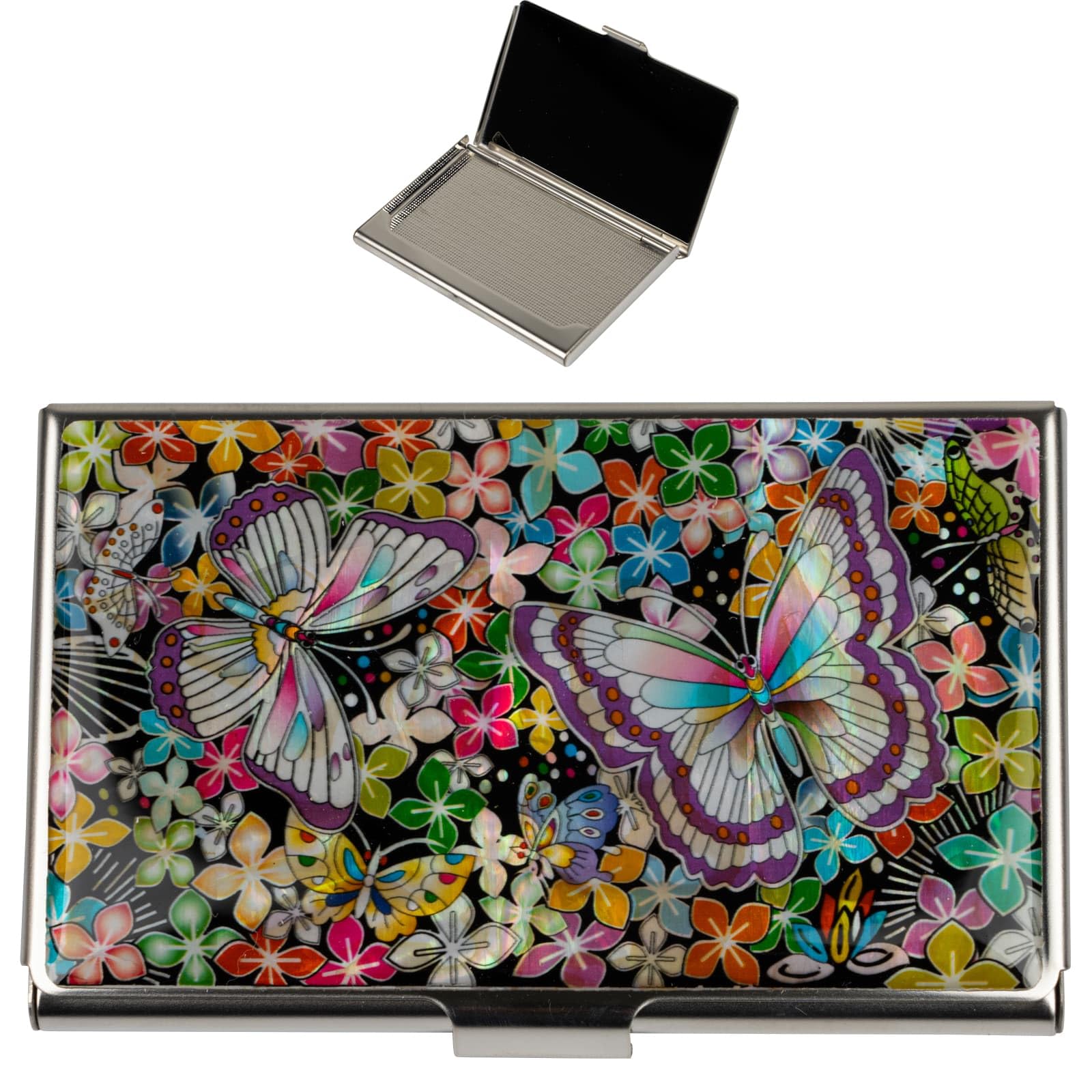 February Mountain Mother of Pearl Business Card Case - Korea Traditional Gifts, Slim Metal Holder for Business &amp; Credit Cards, Pocket-Sized Purse Wallet (Butterfly)