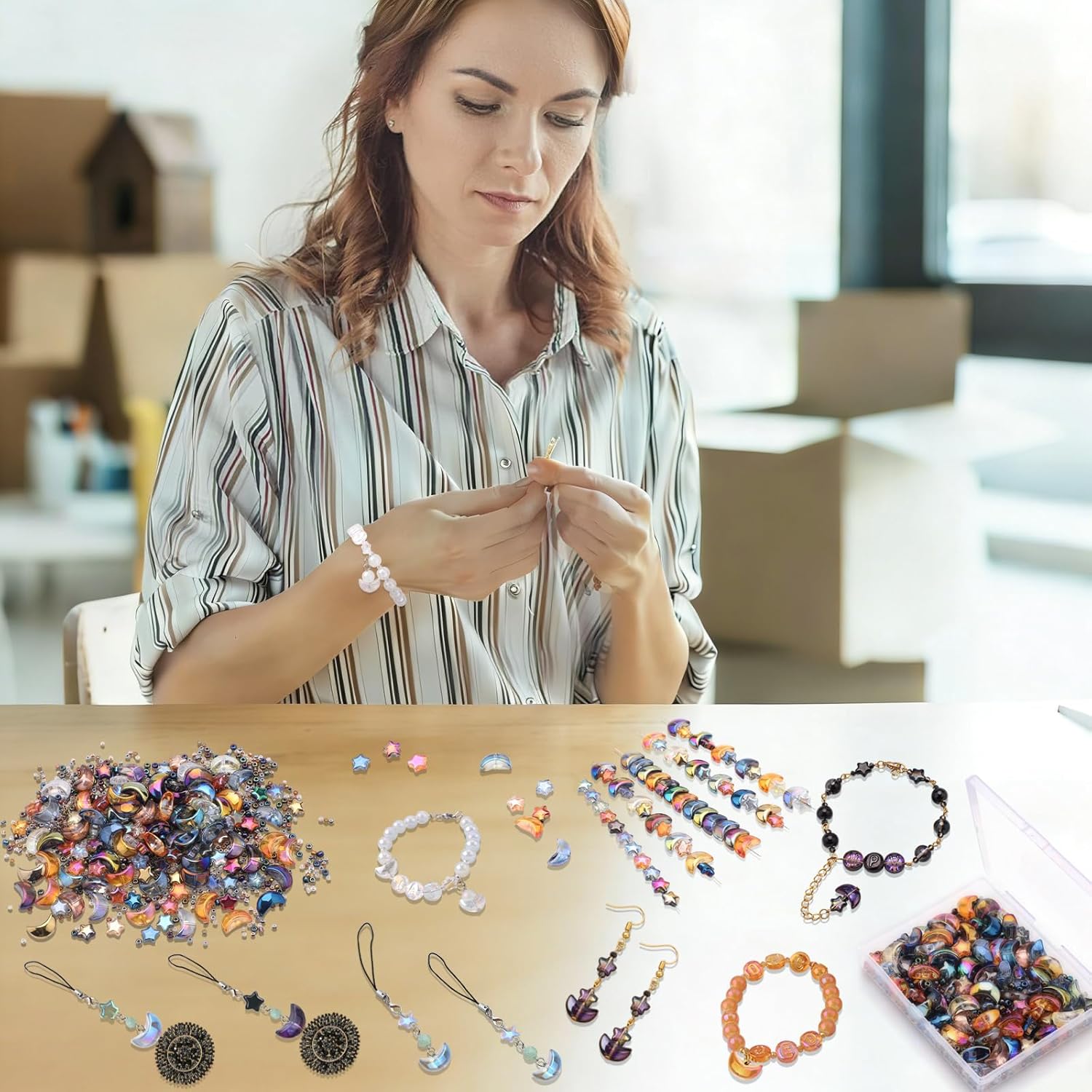 620pcs Mixed Star Moon Glass Beads for Jewelry Making, Shaped Star Moon Spacer Beads with Glass Seed Beads for DIY Supplies Bracelets Necklaces Earrings - Image 5