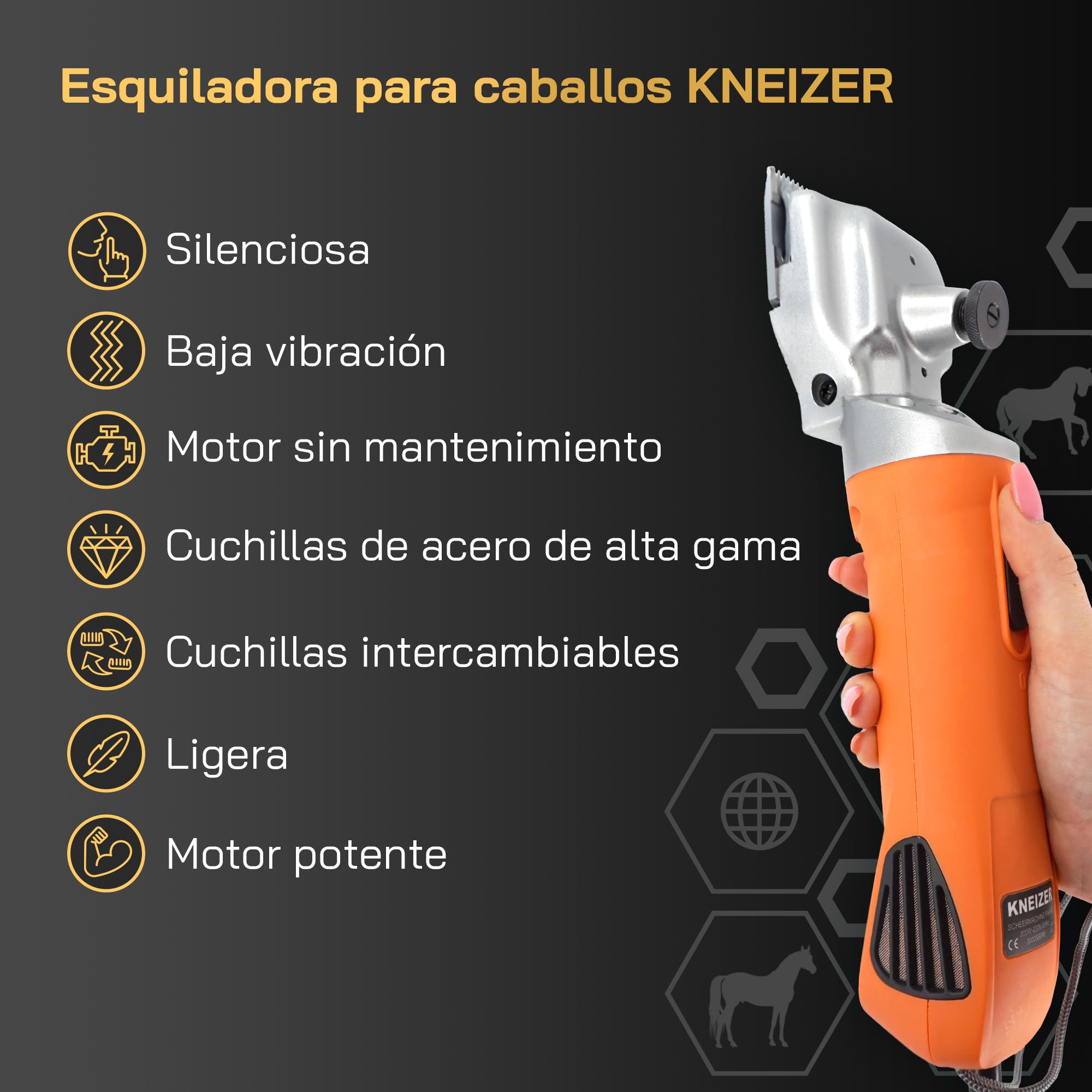 Máquina de Esquilar Caballos KNEIZER – Kit Completo con Accesorios – Cuchillas Intercambiables – Silenciosa y con Baja Vibración – Para Todo Tipo de Pelaje y Zonas del Cuerpo – Sin Mantenimiento