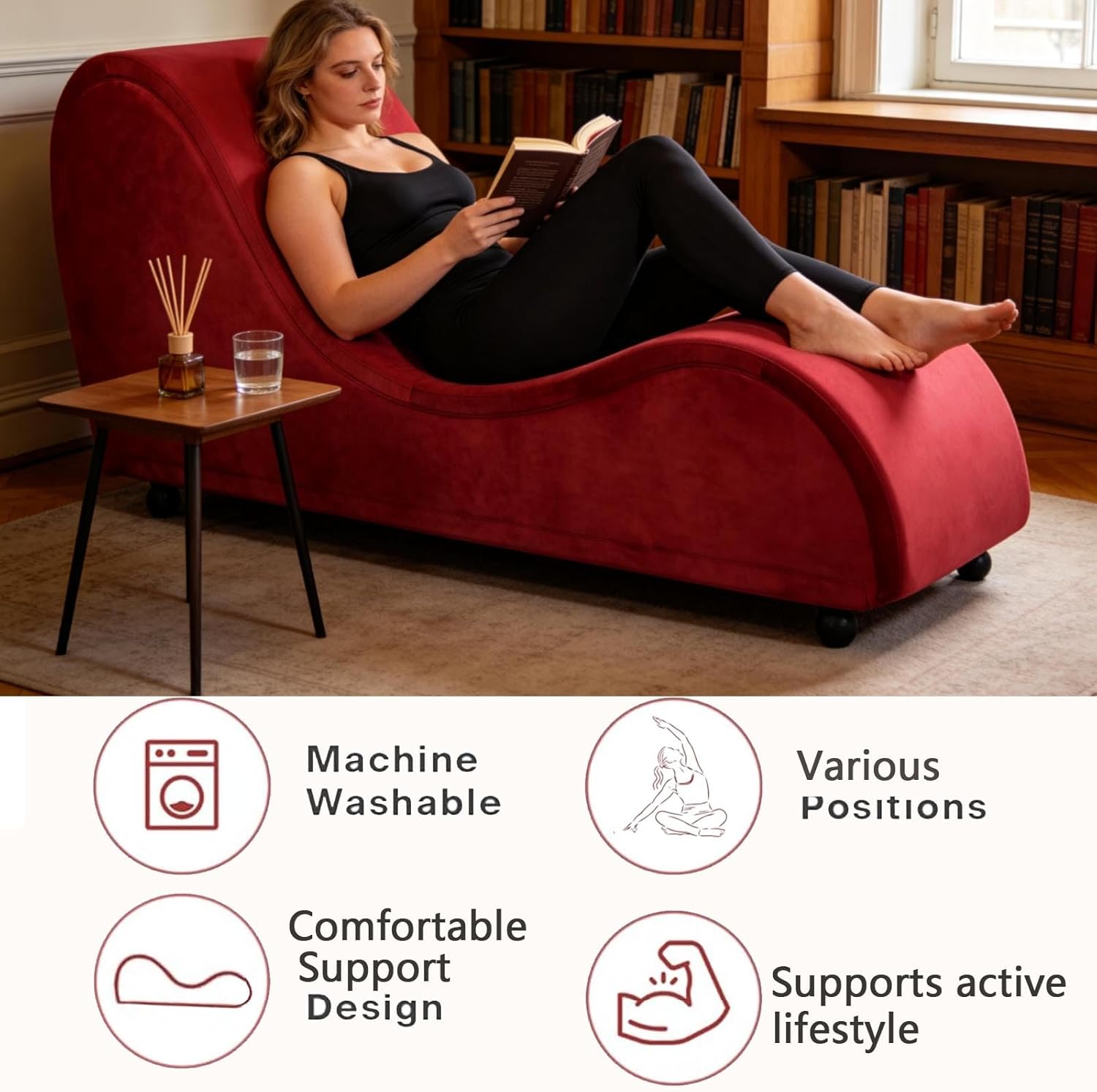 Ergonomic Red Sleek Chaise Lounge Chair, Sofa Couch Bench Sleeper Chair, Heavy-Duty Metal Frame with Removable Velvet Cover