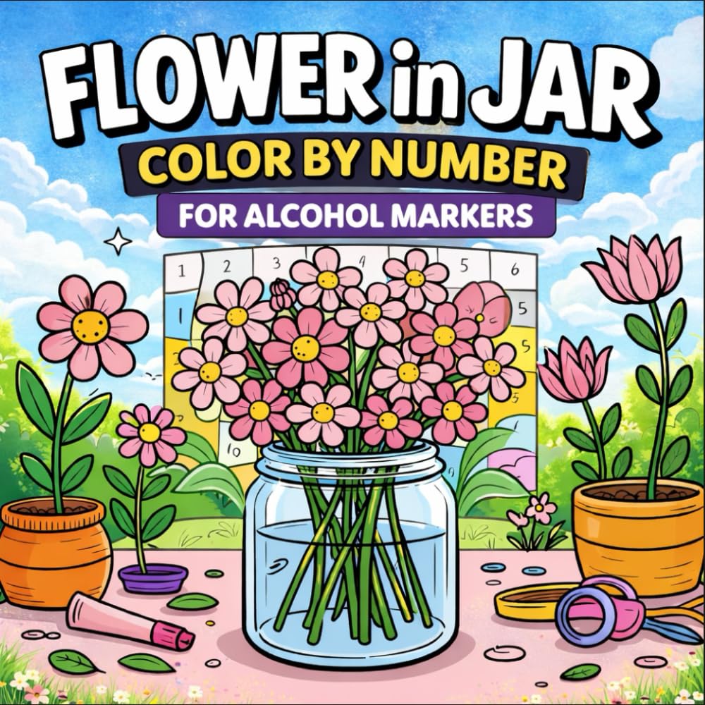 Flower in Jar Color by Number for Alcohol Markers: Bold & Easy, Beautiful Flower in Jar Designs for Adults and Teens