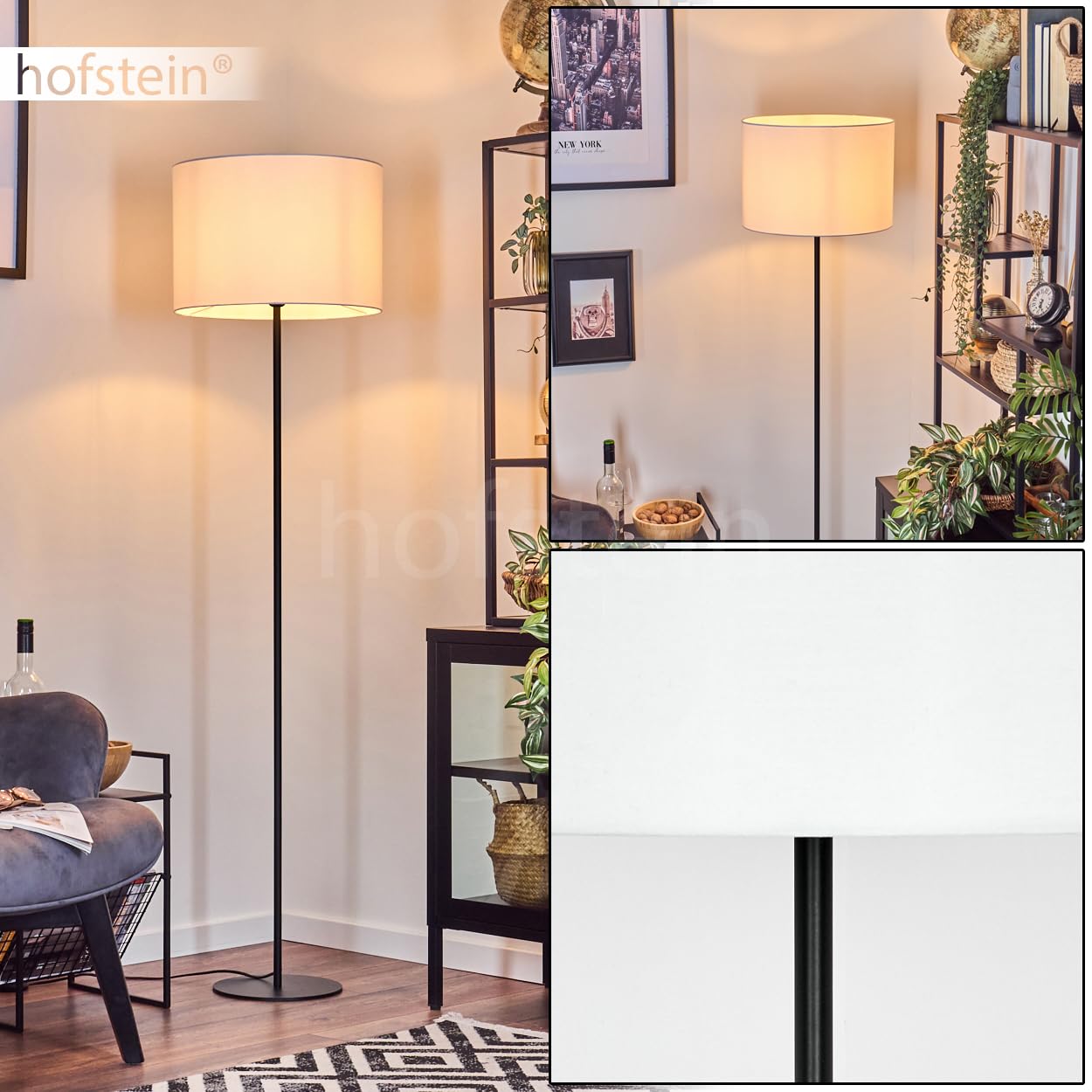 Stehleuchte Bassagoda, Stehlampe aus Metall/Stoff in Schwarz/Weiß, Leuchte im skandinavischen Design mit rundem Schirm (Ø 40 cm) u. Fußschalter, Höhe 158 cm, 1 x E27, ohne Leuchtmittel