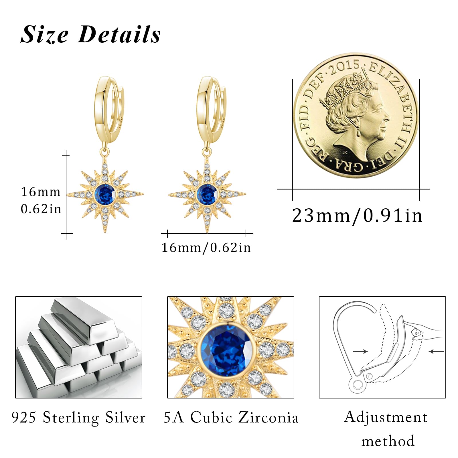 REDSUN Pendientes de estrella para mujer, plata de ley 925, pendientes de aro con circonita azul marino, piedras de nacimiento de septiembre, joyas para hija, mujer, novia