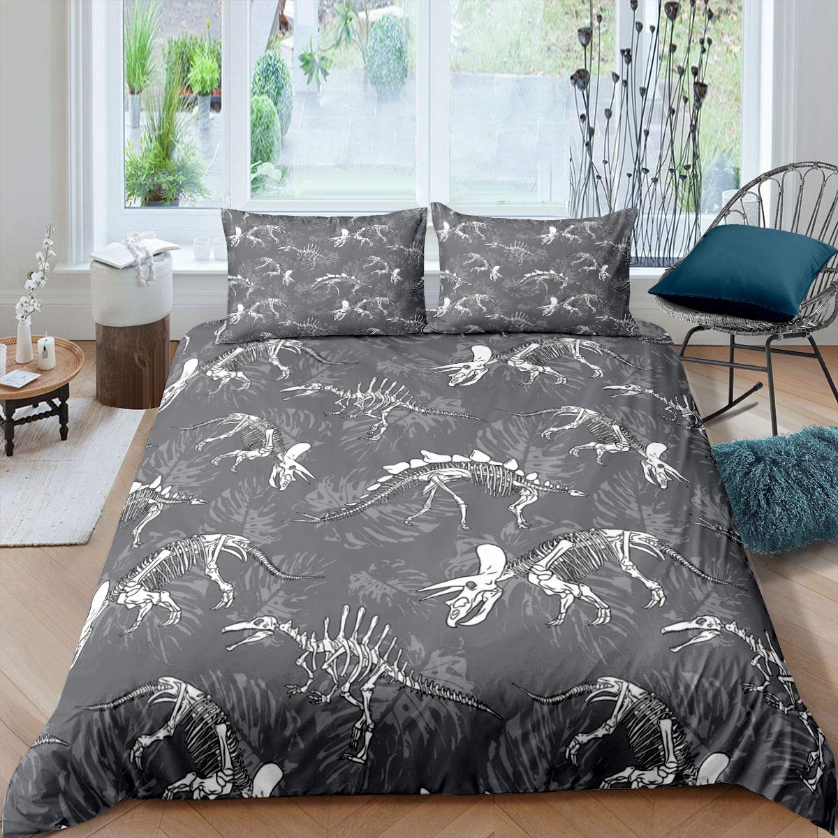 Homewish Dinosaur Duvet Cover Set Dinos Fossil Skull Bed Sets For Kids Teen Boys Young Man Bedding Set Child Room Decor Ancient Animals Skeleton Bones Quilt Cover 3Pcs King Size Grey