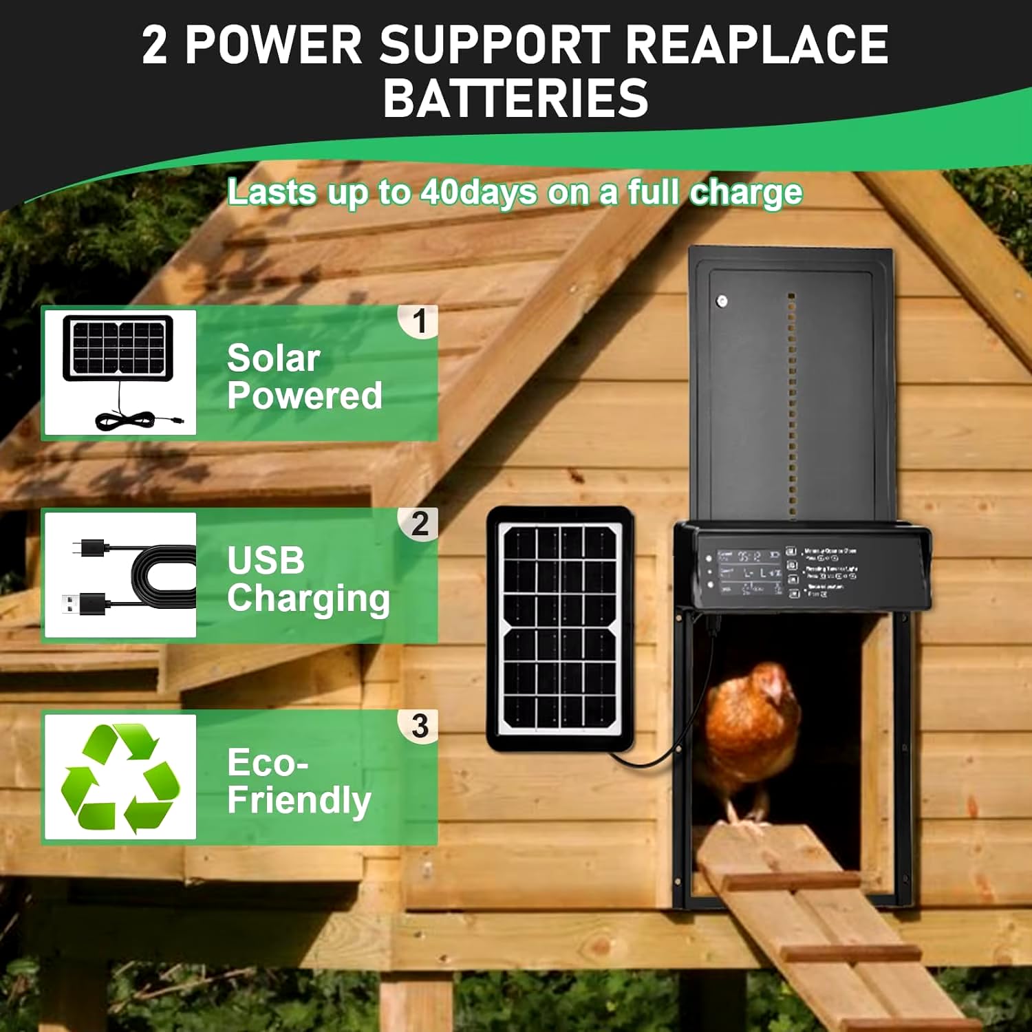 Puerta automática de gallinero solar, puerta automática gallinero de aluminio con 4 modos y temporizador, pantalla LED, sensor de luz, control remoto, anti-pellizco, sistema de alarma