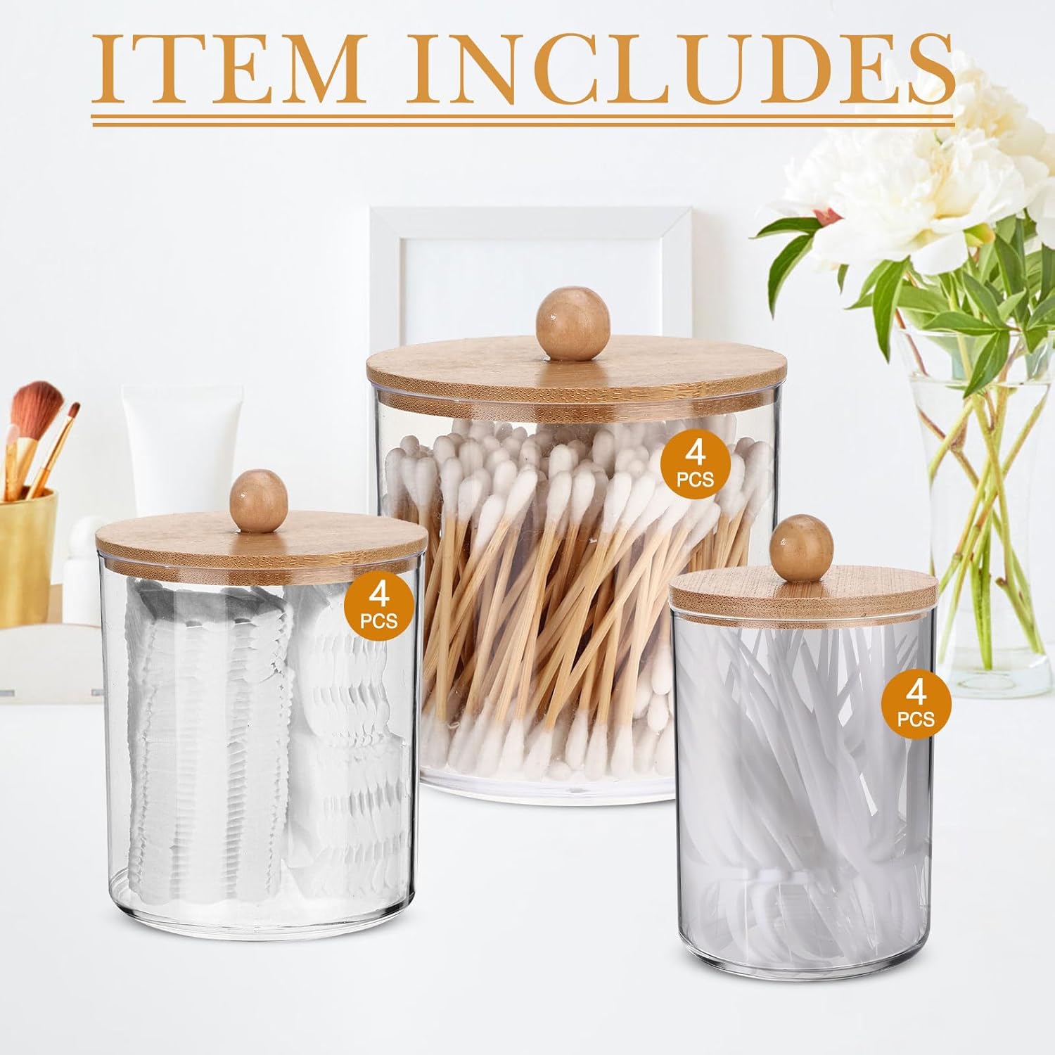 Meanplan Plastic Apothecary Jars with Lids Acrylic Holder Dispenser for Bathroom, 10/22/39 oz Clear Plastic Storage Jars Floss Container for Swab Cotton Ball, 3 Sizes(9 Pack,Wooden Lid)