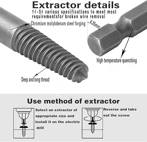 Miniatura 5 de Juego de extractor de tornillo roto de 5 piezas,Kit de extractor de tornillo desnudo,Herramienta de extracción de pernos dañados,Solución para