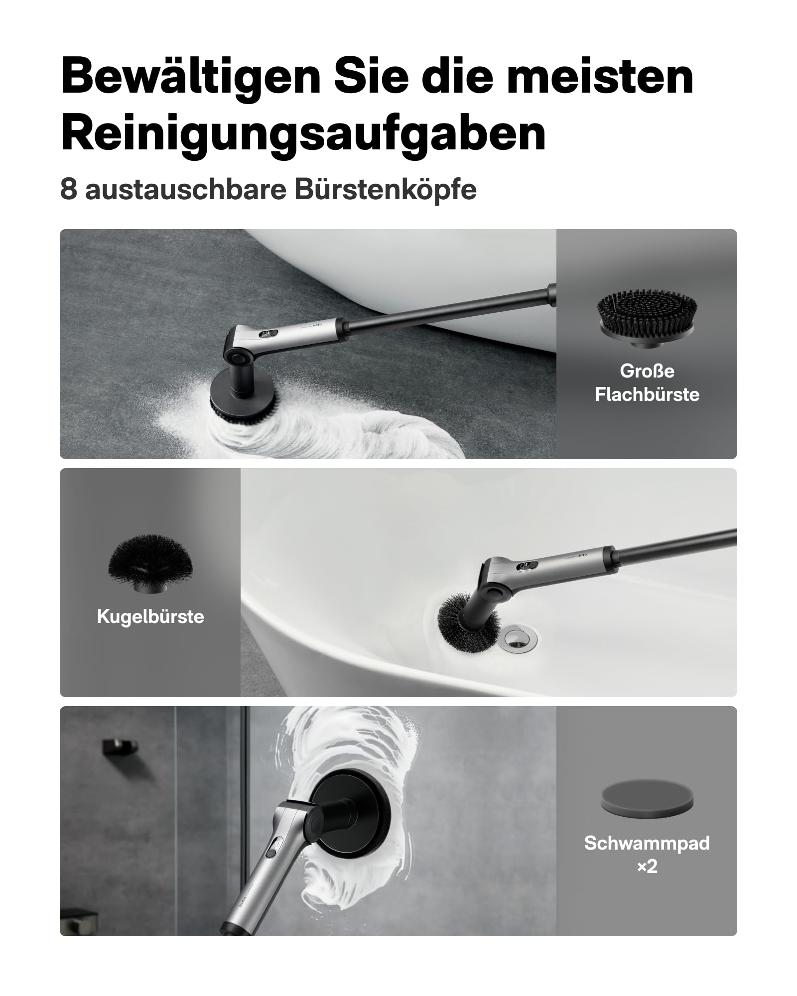 HOTO Flexi Elektrische Reinigungsbürste mit LED-Anzeige, Verstellbarer Winkel, IPX7, 8 Wechselbürstenköpfe