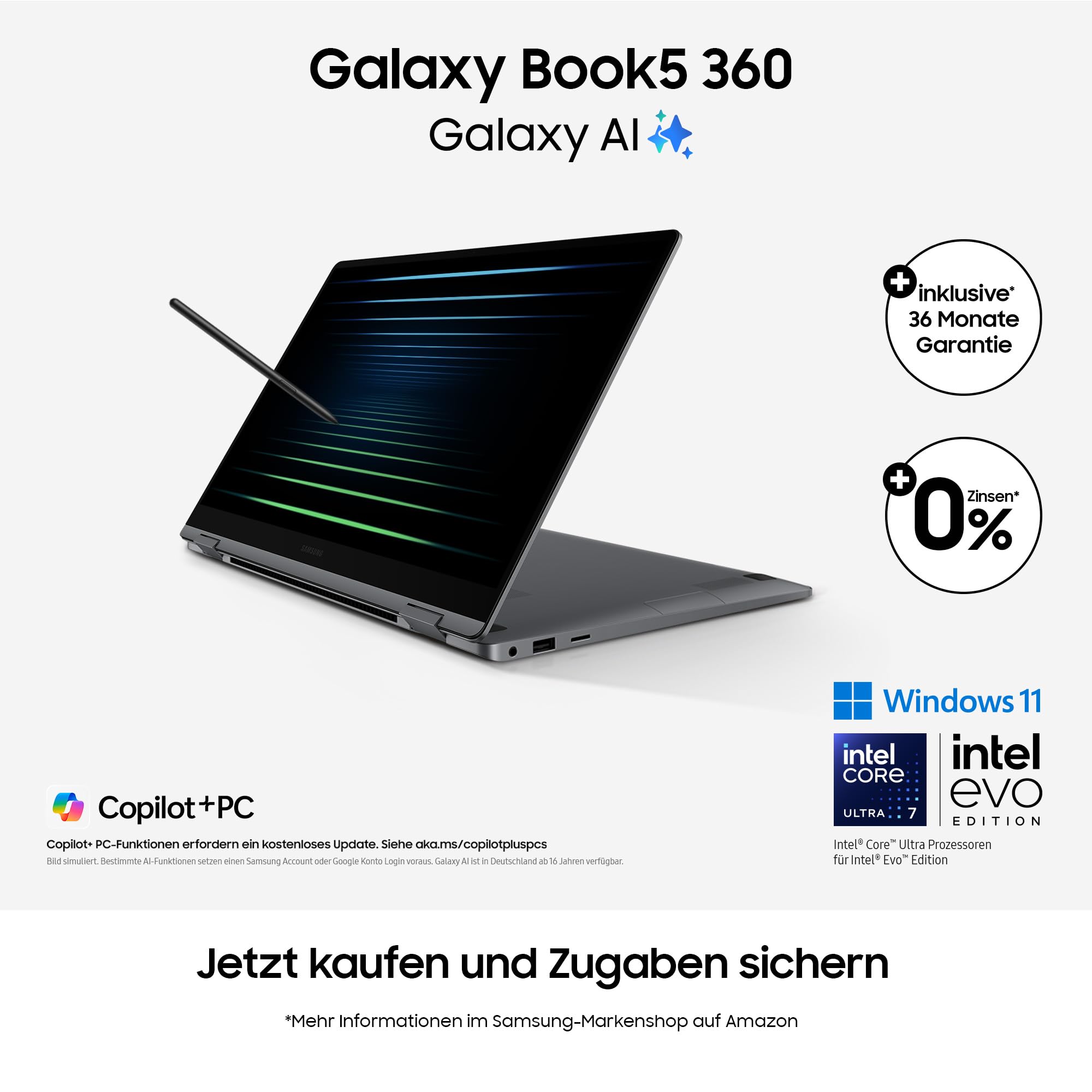 Samsung Galaxy Book5 360 15,6" 2-in-1-Laptop Intel Core Ultra 7 16 GB RAM 512 GB Speicher Moonstone Gray