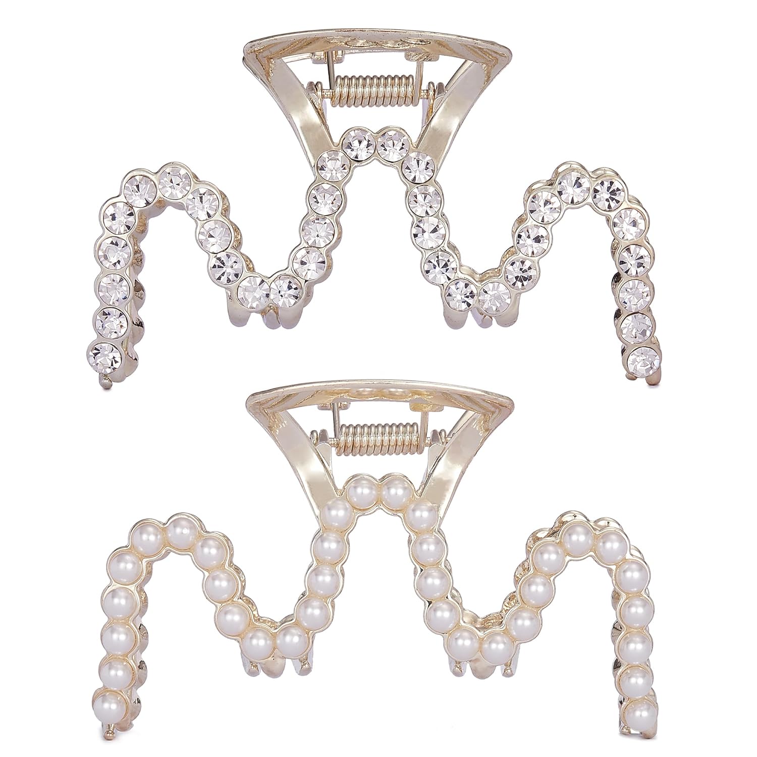 Rhinestone Hair Clips, Textention 3.4 Inch Pearl Claw Clips for Thick Hair, Crystal Metal Hair Jaw Clamps Fashion Hair Accessories for Women Bride Bridesmaid (2 Pack)