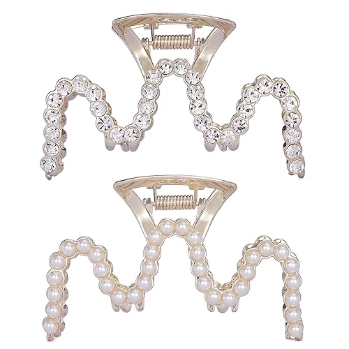 Pinzas para el Cabello con Diamantes de Imitación, Textention Pinzas de Garra con Perlas de 3.4 Pulgadas para Cabello Grueso, Sujetadores de