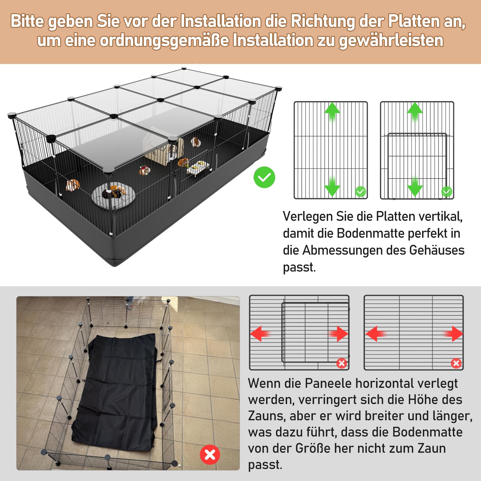 Aystkniet Meerschweinchen Gehege, Freigehege mit oberer Abdeckung & Wasserdichtem Bodenfutter, 122CM x 60CM x 40CM Kleintiergehege für Hamster, Kaninchen, Schildkröte, Kätzchen Gerbil, Kleintierkäfig