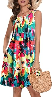 Damen Strand Sommerkleider Casual Ärmellos Swing T Shirt Kleid Loose Luftig Vestkleid mit Taschen 2026