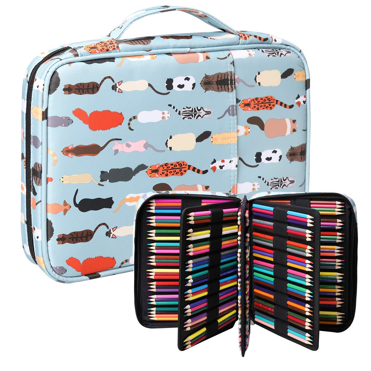 BOMKEE Coloring Pencil Case 220 Slots Pencils/Gel Pens Organizer Waterproof Travel Case Zipper Carrying Portable Pencil Markers Pen Holder Bag for Painter Writers School Students (Cat Back)