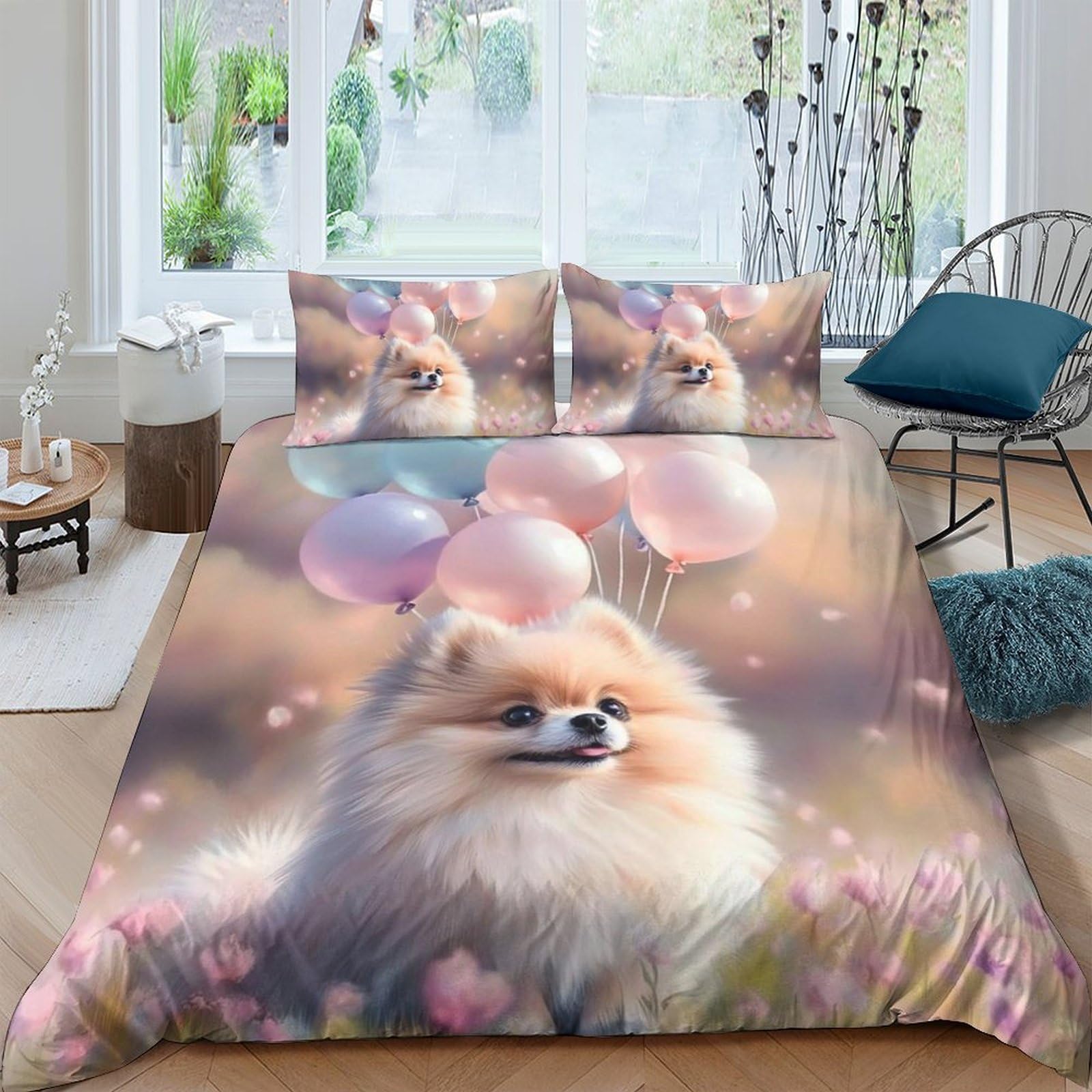 Ctjqhvkz Style-2 3D Printed Pomeranian With Balloons Fitted Sheet Microfiber Non-Slip Machine Washable Bed Cover Bedroom Decor Single（135X200cm）