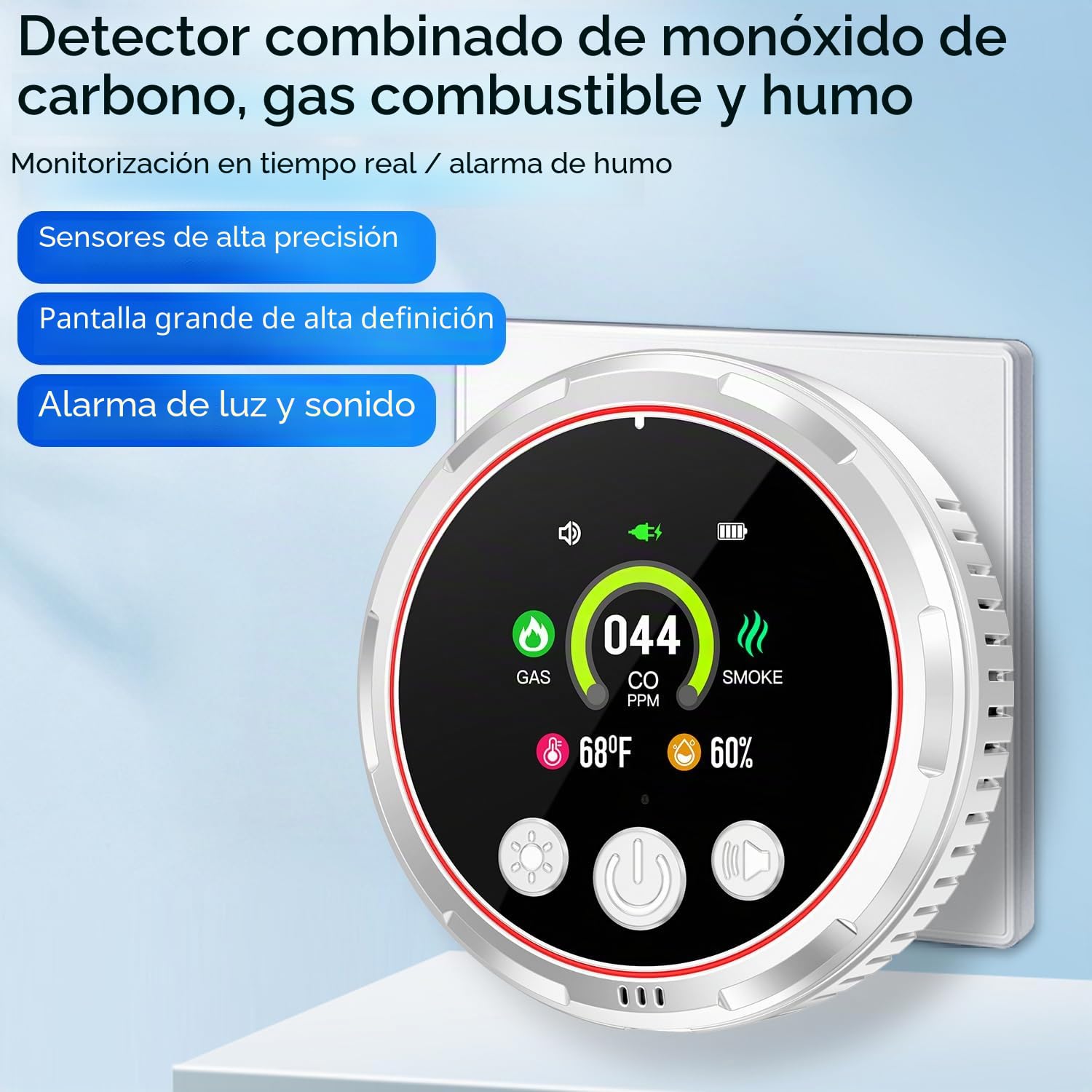 Enchufe 5 en 1 detector de humo y monóxido de carbono y combinación de gas natural combustible, batería de respaldo incorporada, pantalla HD [sensor de humedad de temperatura de gas humo CO] para el