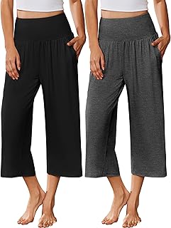 Ekouaer 2 Pack Capri Pajama Pants for Women 2026 Yoga Pant Sleep Pj Bottoms | Soft, Lounge, Comfy, Summer, Lightweight, Wide Leg, Elasticized High Rise, Pj Pants with Pockets