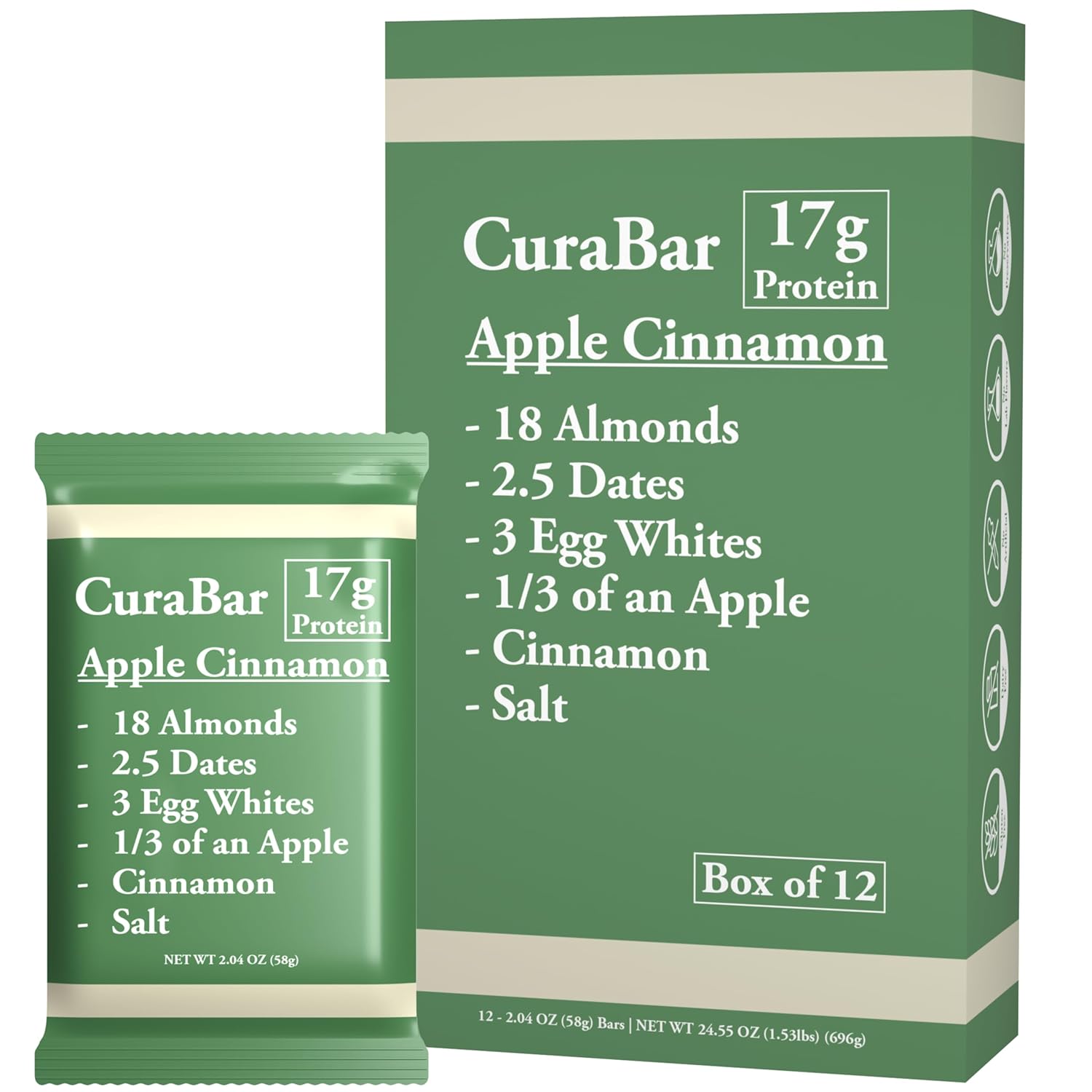 CuraBar Protein Bars – 17g Protein, Low Carb, Gluten Free, Dairy Free, Healthy Snack, Seed Oil Free, No Artificial Ingredients, 12 Count, Apple Cinnamon