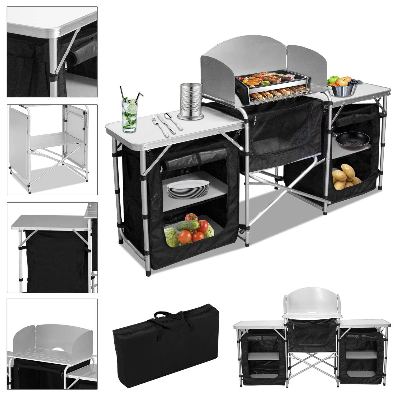 Cucina da campeggio con paraspruzzi e borsa trasporto, armadio pieghevole telaio alluminio, outdoor
