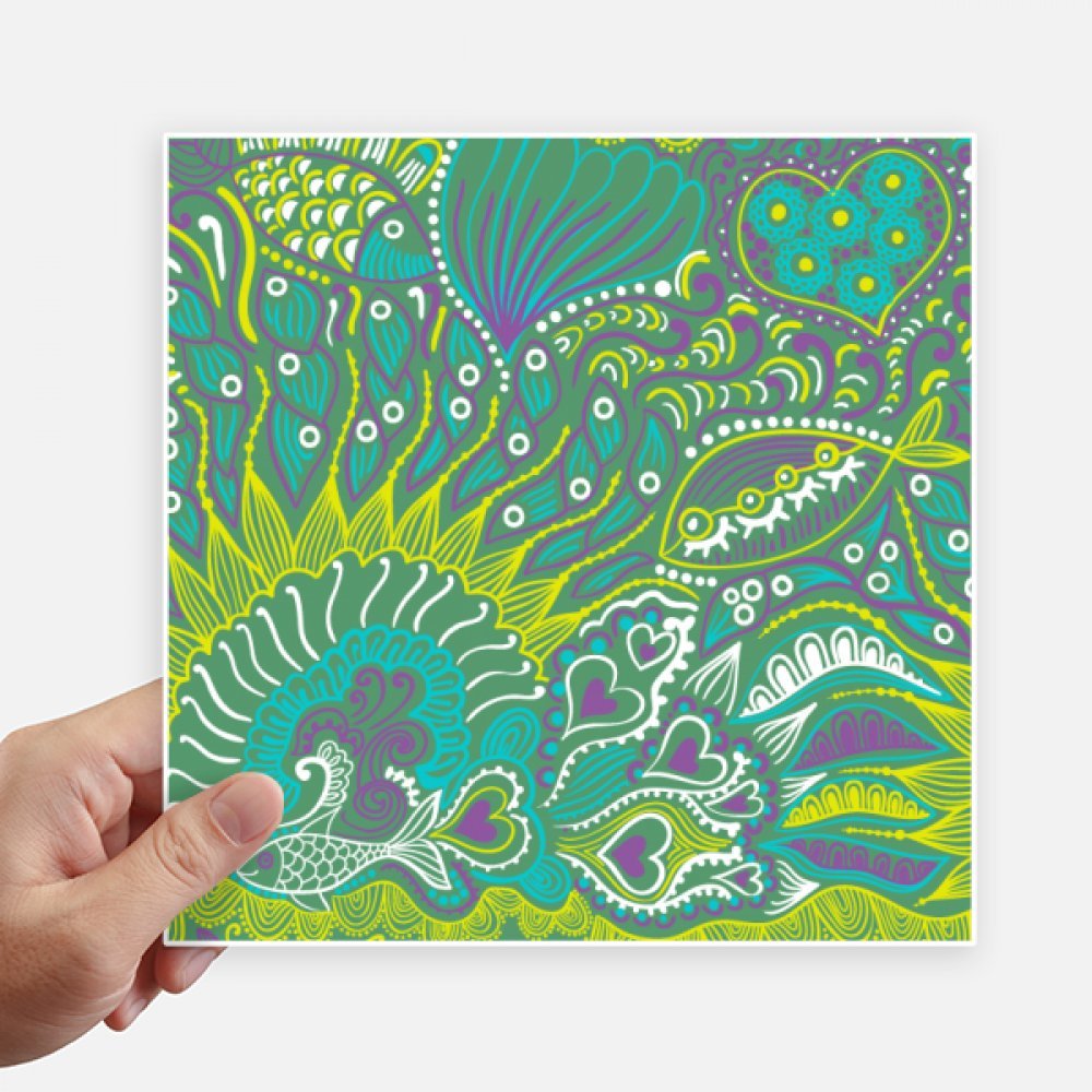 Autocollant carré 20 cm dessin au trait résumé poissons vert pour ordinateur