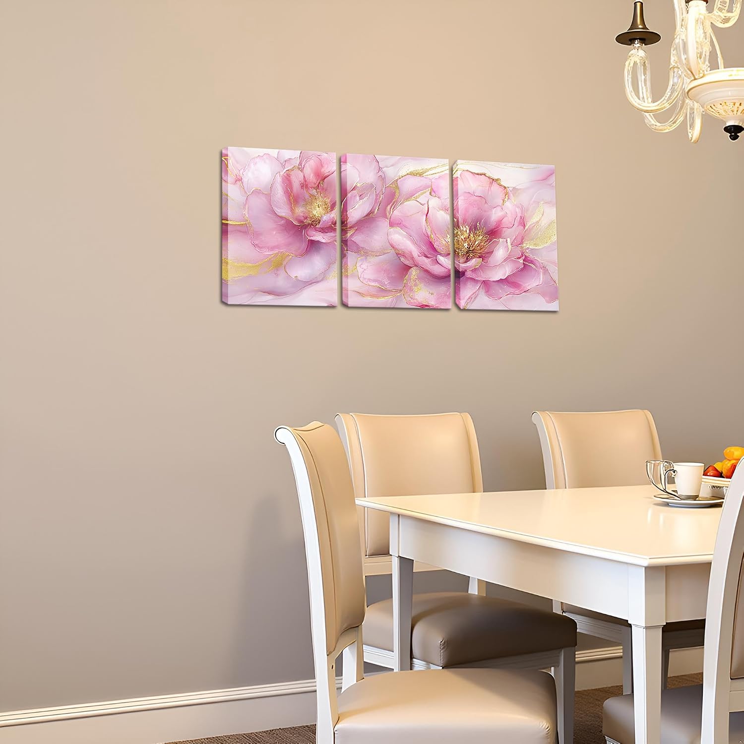 RyounoArt Pink Gold Wall Art Peony Flower Canvas Picture Painting Pink Floral Artwork for Bathroom Bedroom Wall Decor Framed 12 * 16inch*3pcs