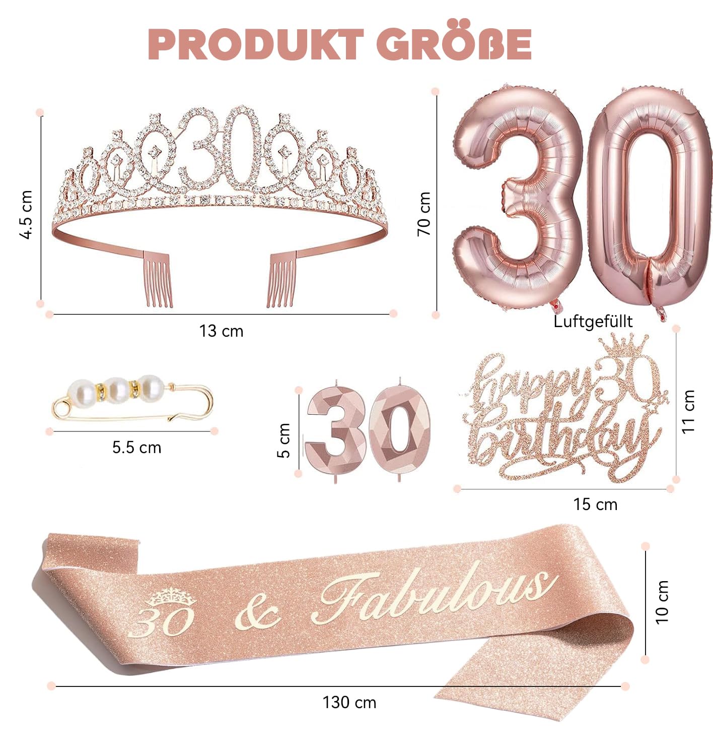 Veraing Dirty Thirty  30. Geburtstags-Krone Schärpe Set, Roségold Geburtstags Tiara für Frauen Birthday Crown Prinzessin Haar-Zusätze für Frauen Party Accessoires