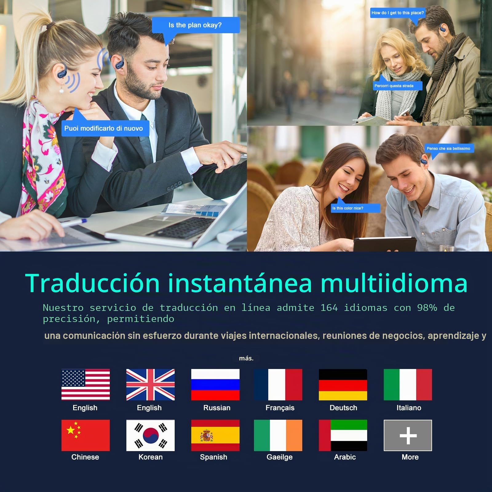 AI Auriculares Traductor, 164 Idiomas y 6 Modos de Traducción, Bluetooth 5.4 con ENC y App con para Viajes/Negocios/Aprendizaje/Reunirse Azul