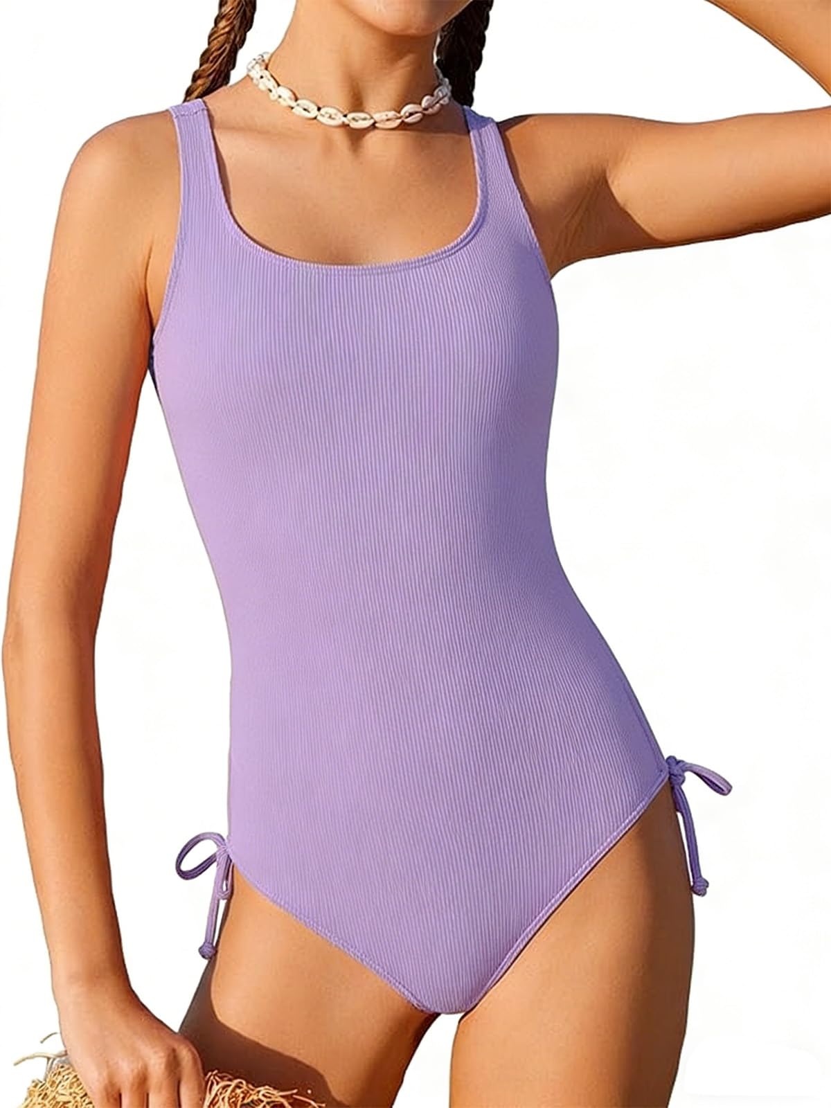 Girls One Piece Swimsuits Ribbed Bathing Suit Teen Girls Adjustable Straps Drawstring Athletic Swimwear Swim Suit