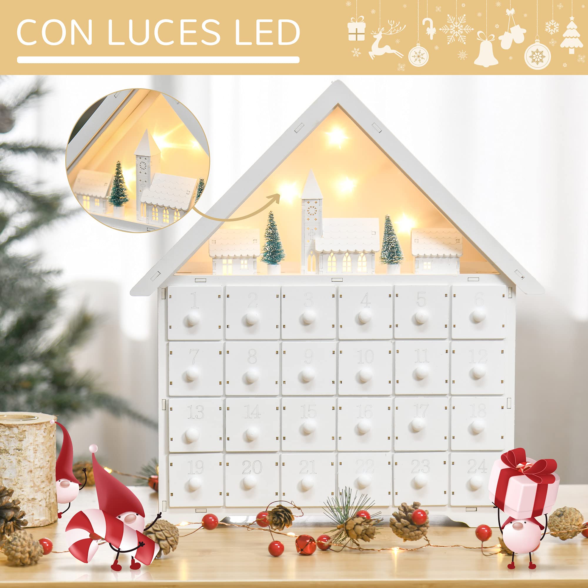 HOMCOM Calendario de Adviento Navidad 24 Cajones Luces LED Decoración Navideña Casita 39x9x42 cm Blanco