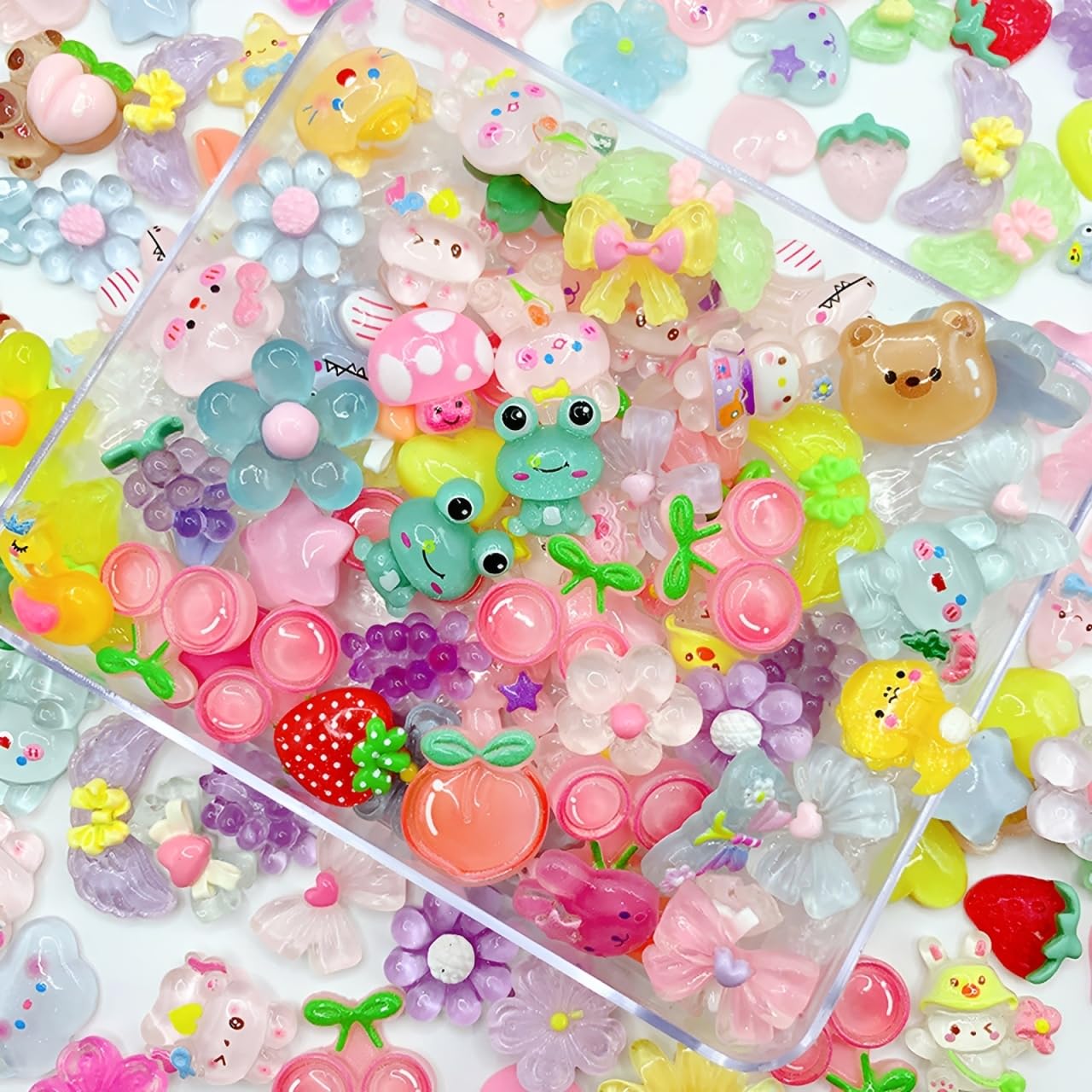 100Pcs Slime Charms Bulk Set, Mixed Flatback Resin Charms, Cute Kawaii Resin Charms for Crafting DIY Hair Clips Junk Cases, Decoden Scrapbooking Phone Case Decoration Embellishments