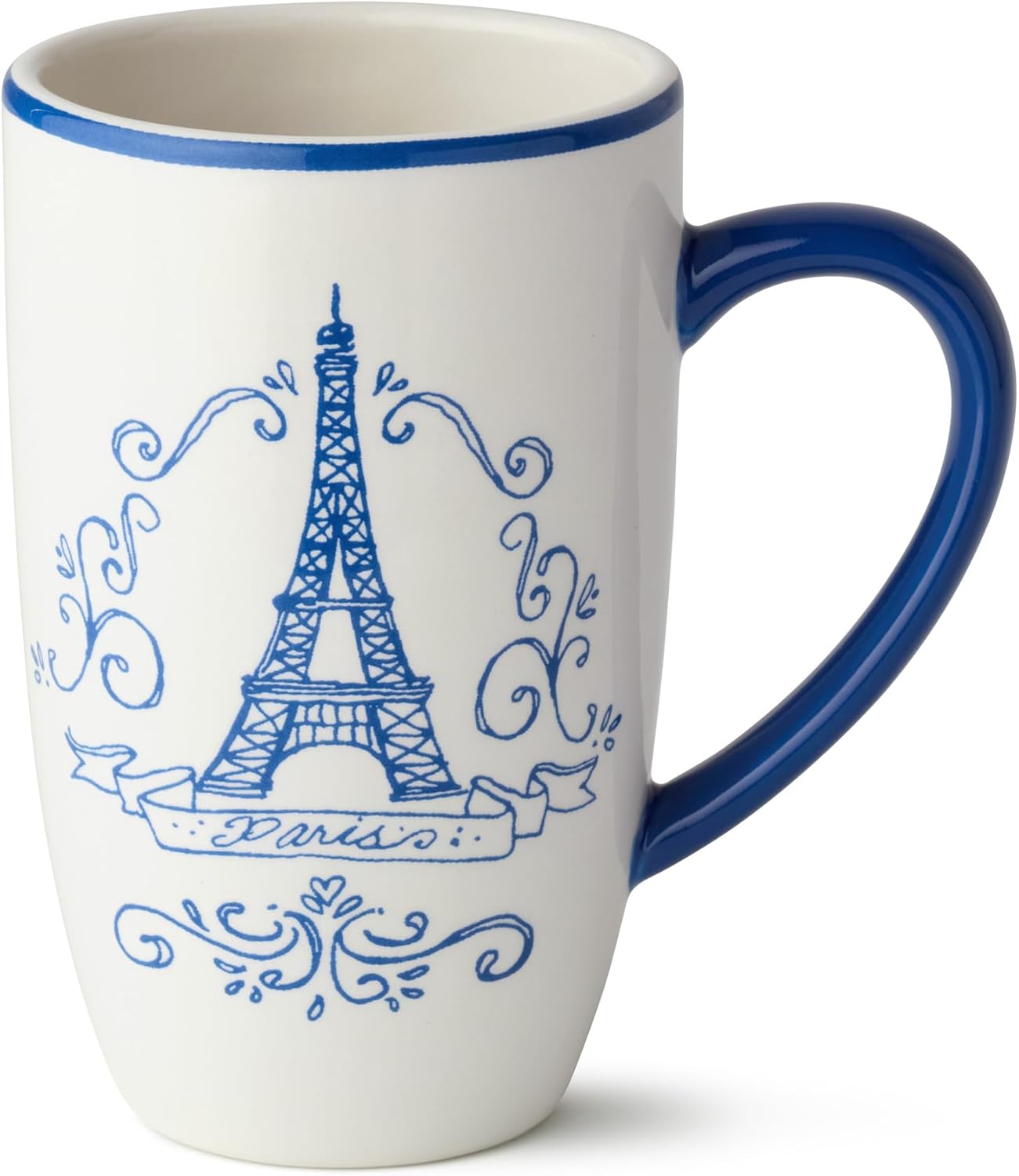 Bistro Ceramic Mug 16 OZ. MUGS, SET OF 4, blue and white Parisian mugs with Café de Paris, Eiffel Tower, Arc de Triomphe and Bistro motifs, perfect for coffee, tea, cocoa, everyday use